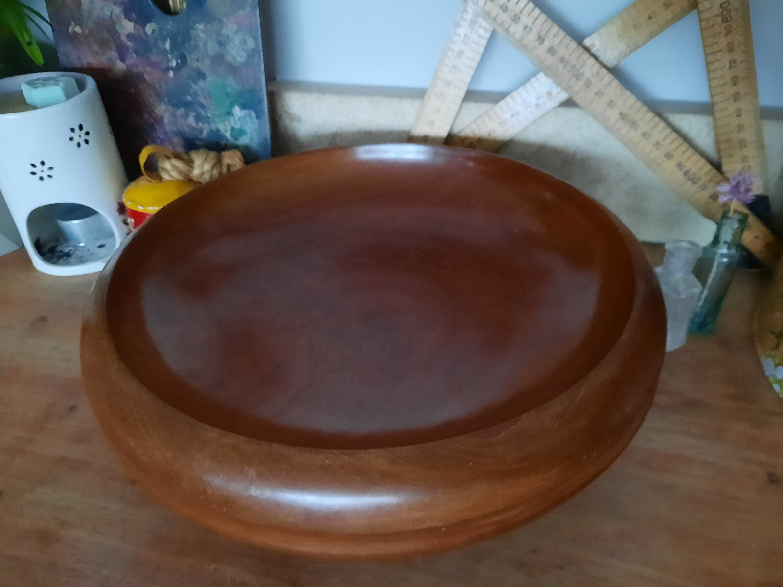 Large retro teak bowl round fruit kitchen antique vintage wooden serving ooak 