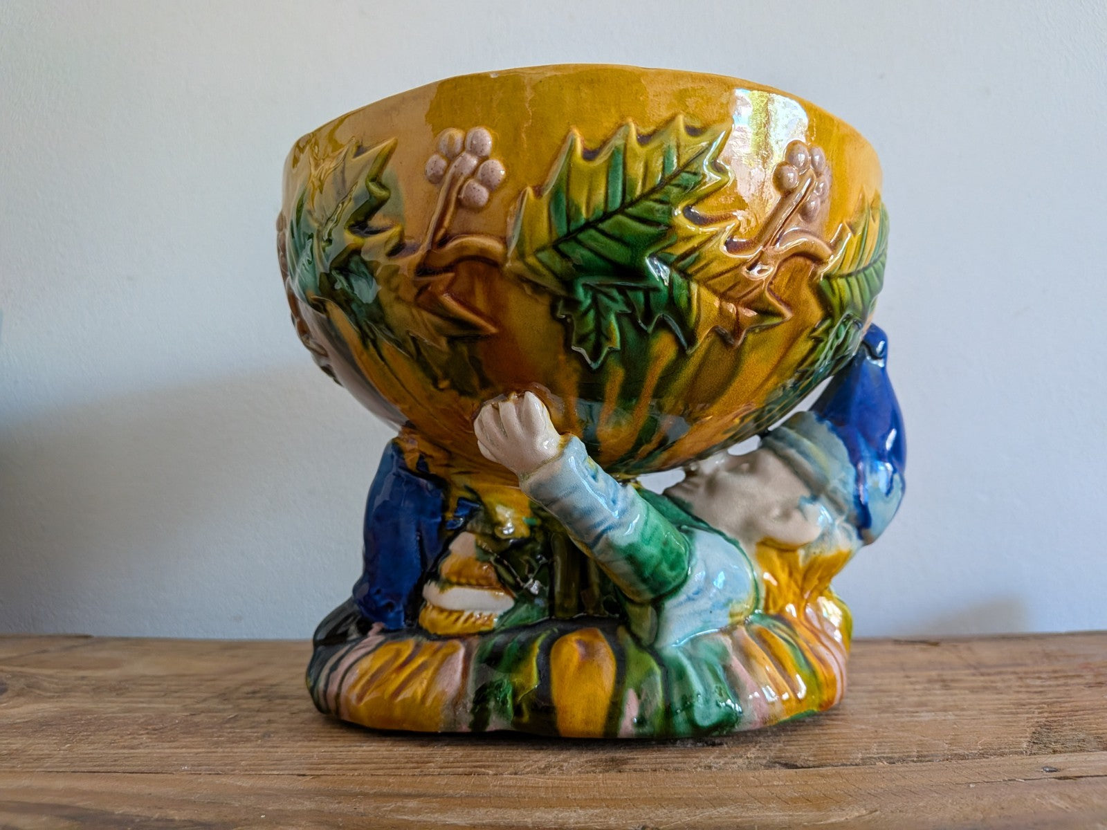 Vintage George Jones Majolica “MR Punch” Punch Bowl Christmas Table Gnome Dwarf