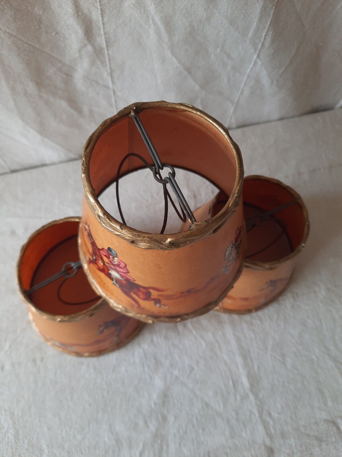 3x Rare Vintage 1950s Clip-on Lamp Shade Hand Painted Hunting English Dog Horse