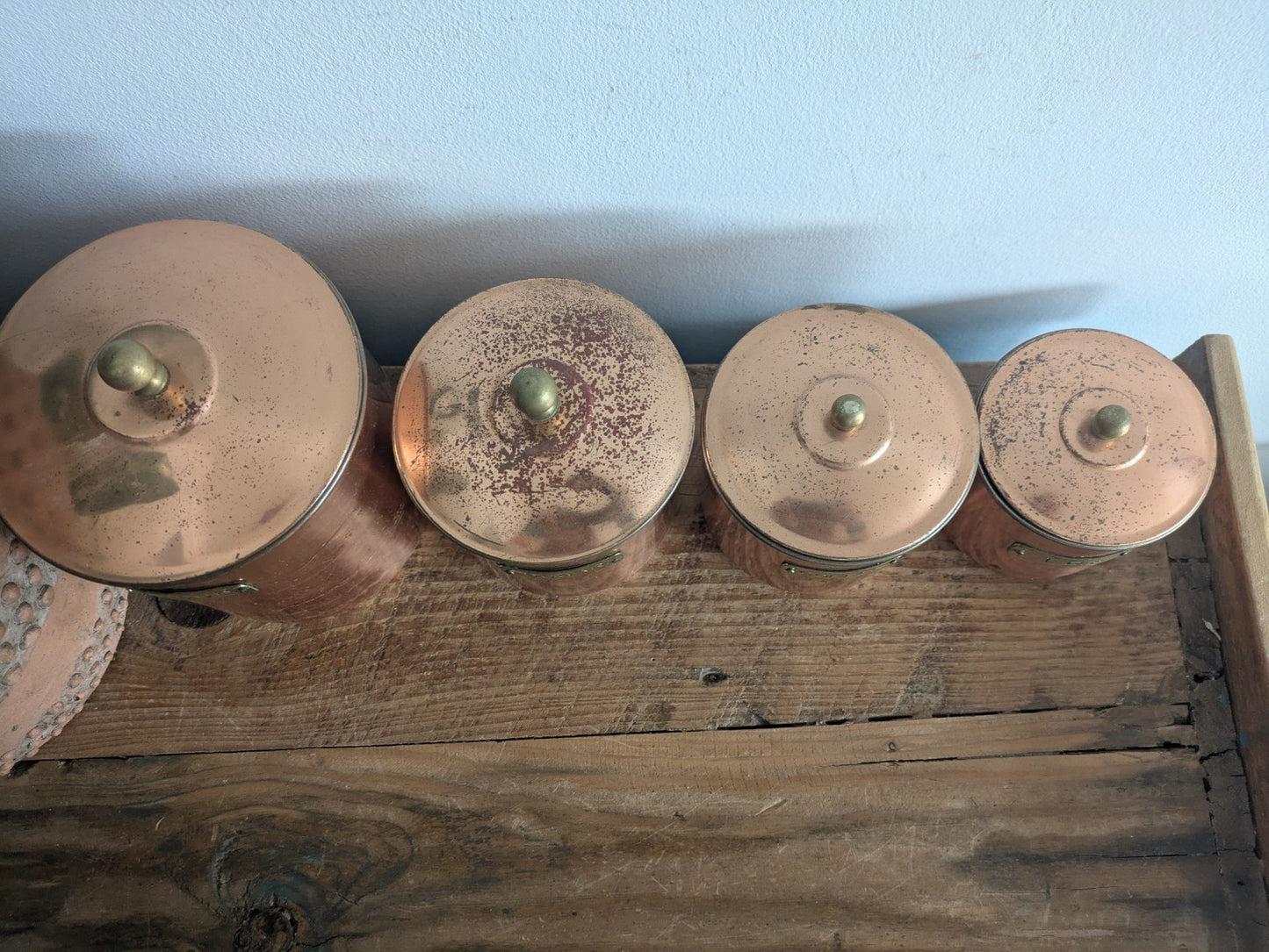 Vtg Copper 4 Nesting Kitchen Canisters MCM Farmhouse Flour Tea Coffee Sugar Prop