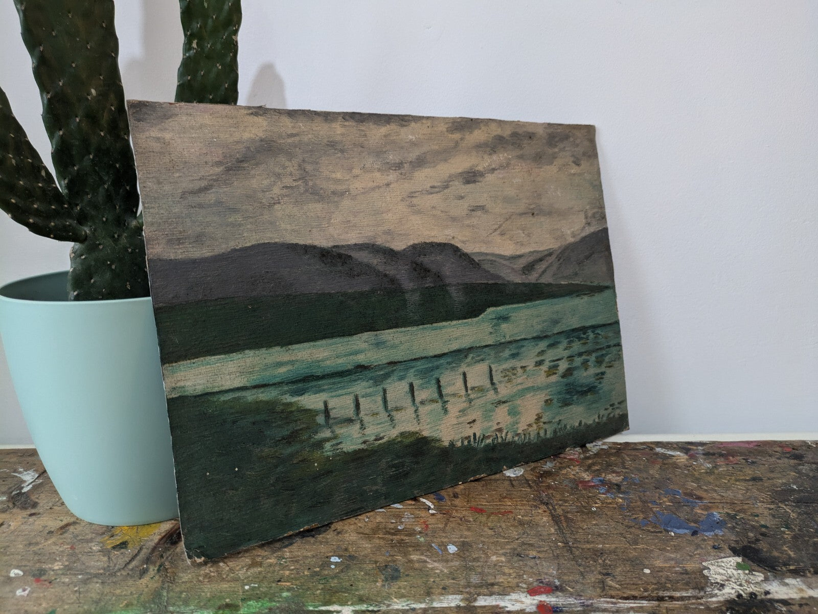 Vtg Painting T Morris Mountains Lake Acrylic On Board Country Picture Landscape