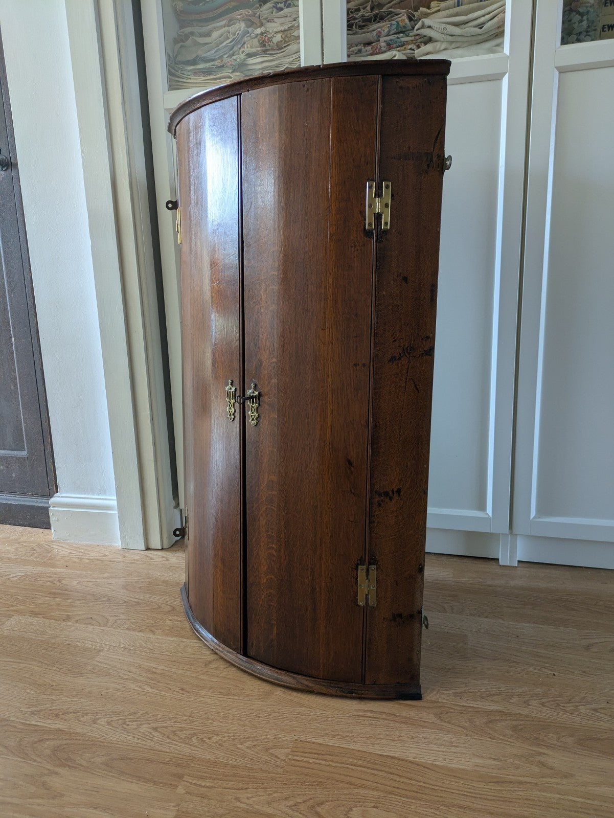 Antique Georgian Bow Fronted Wall Hanging Corner Cabinet Cupboard Shelves Wooden