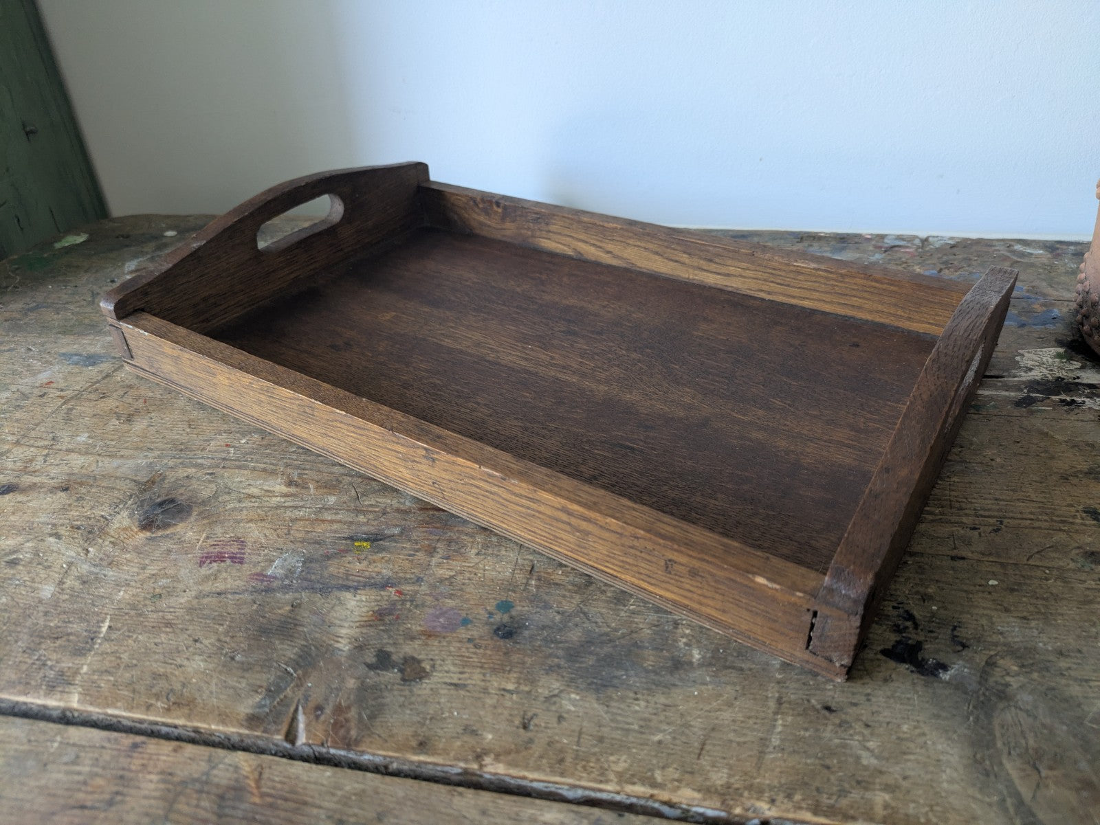 Vintage Antique Oak Wood Butlers Serving Tray with Handles Inset Prop Tea Drinks