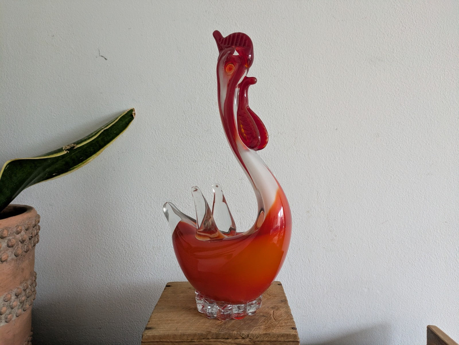 Murano Sommerso Art Glass Figure Red White Rooster Chicken Hen Bird Figure MCM