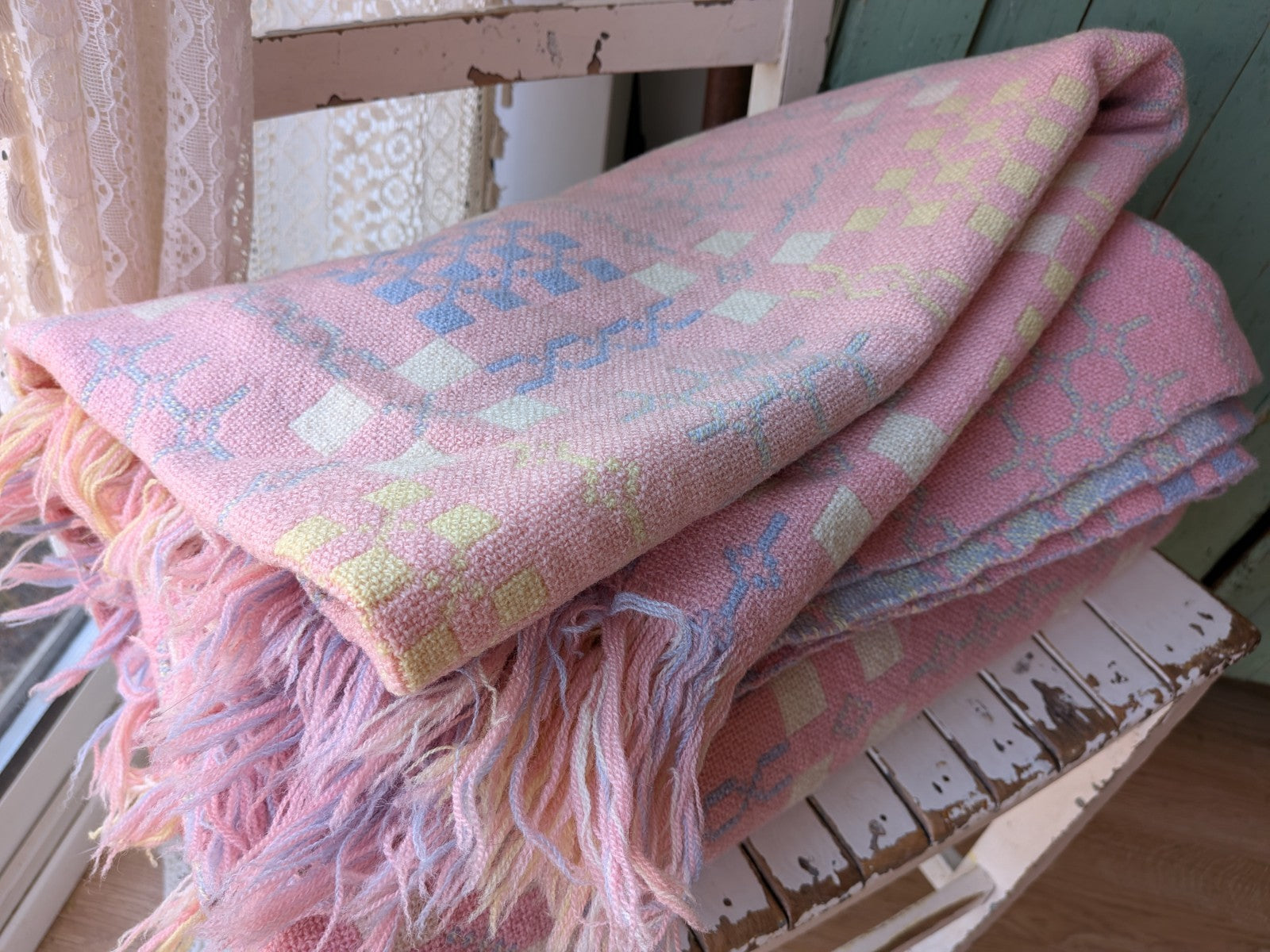 Welsh Wool Tapestry Blanket Throw Pink Blue Reversible Double 227cm x 156cm Vtg
