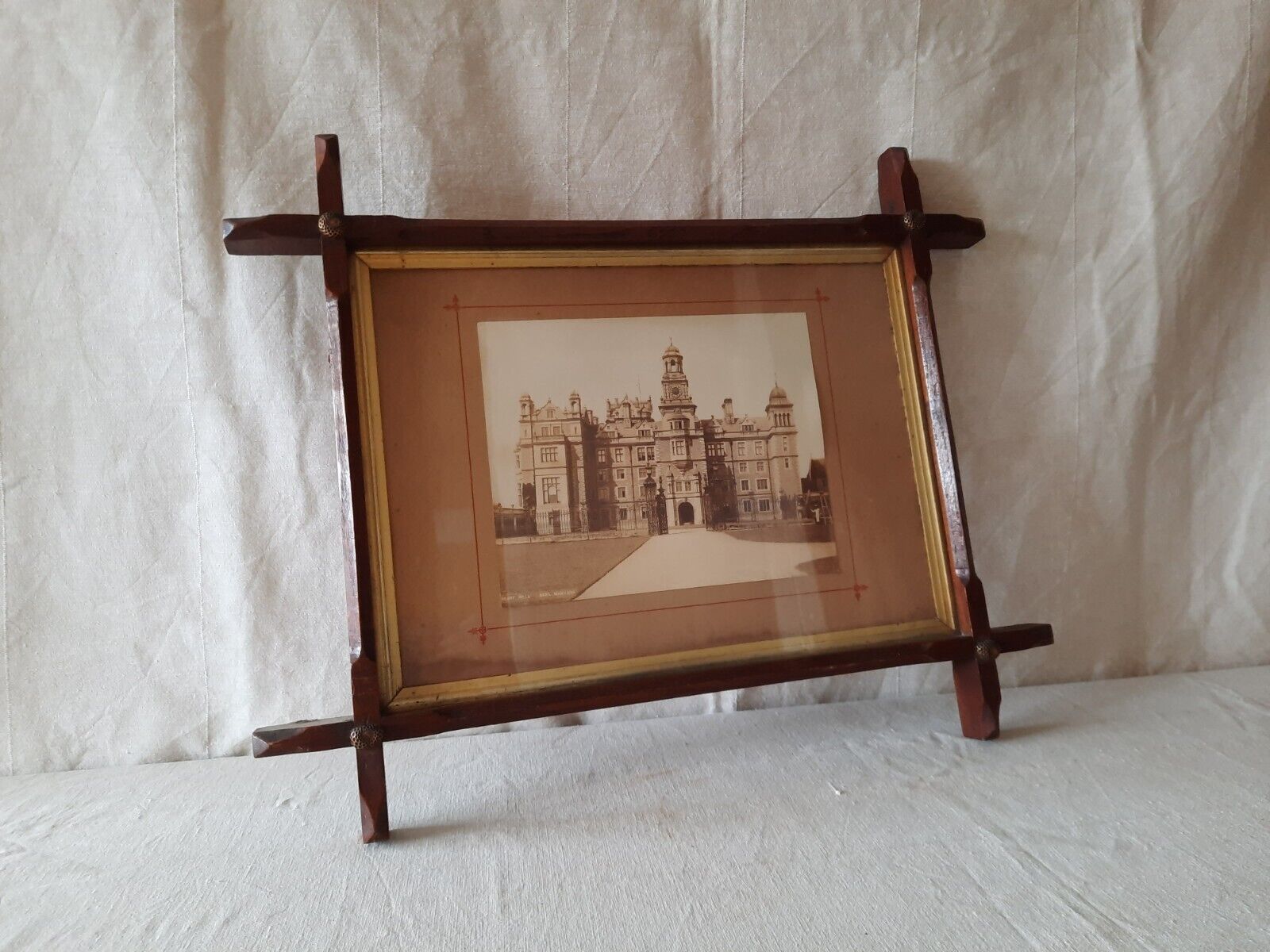 Antique Tramp Art Frame with Resby Hall inset wooden rare 19th century oak coppe