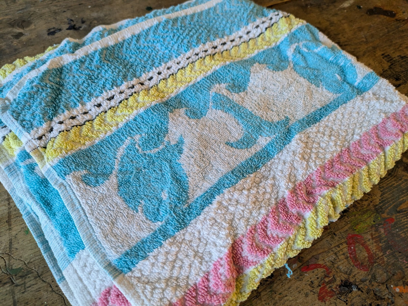 1 Vintage Towel Rainbow Stripe Retro Bath bathroom prop Midcentury Cotton Prop