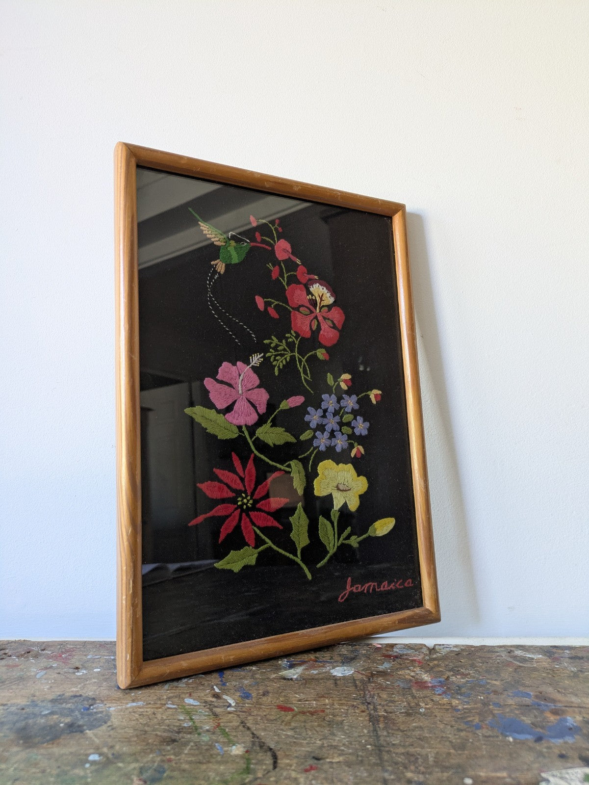 Vintage 1970s MC Jamaica Flowers Retro  Art Black Needlepoint Floral Embroidery