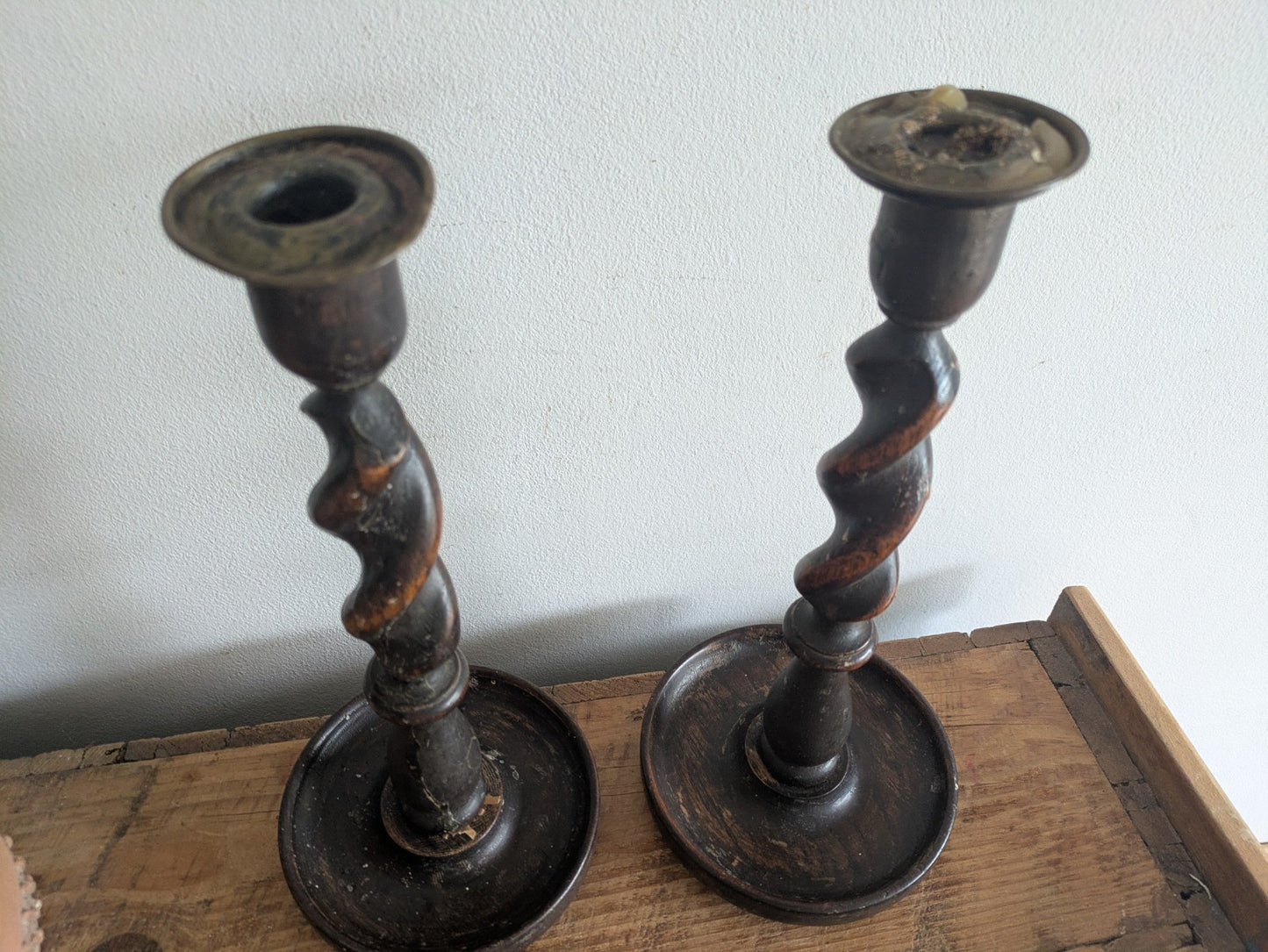 Antique English Oak Barley Twist Pair Candlesticks Candle Holders  31cm Tall Vtg