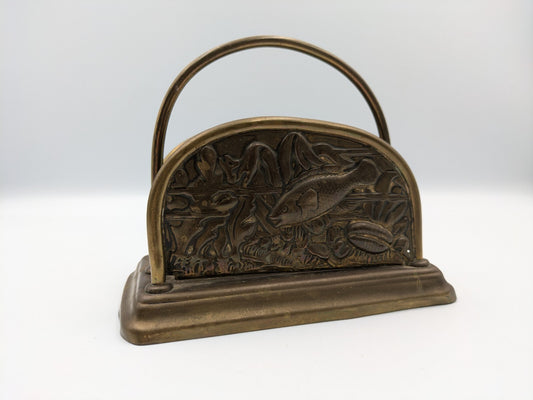 Collectable Brass fish scene letter rack with hooped handle Napkin Holder VTG Vg
