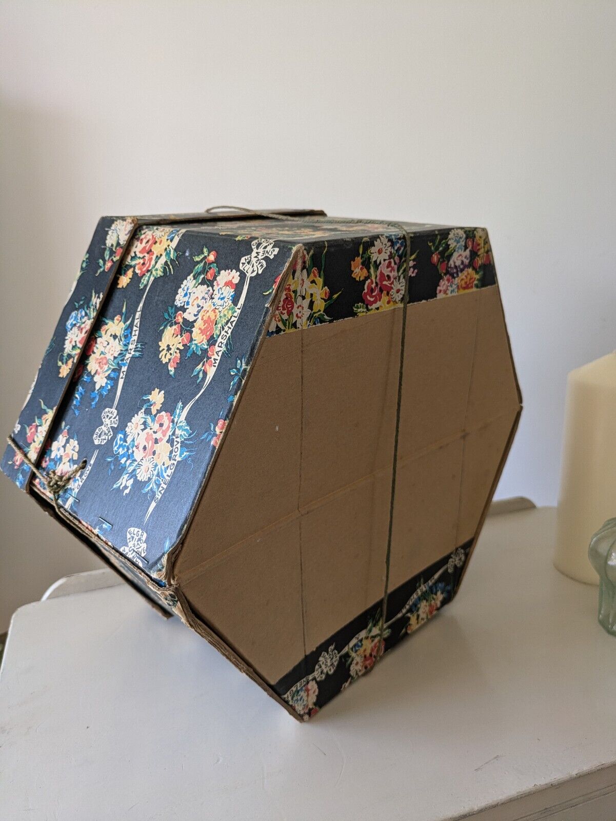Marshall and Snelgrove vintage large hat box 1950's Hexagonal Floral Storage Vgc