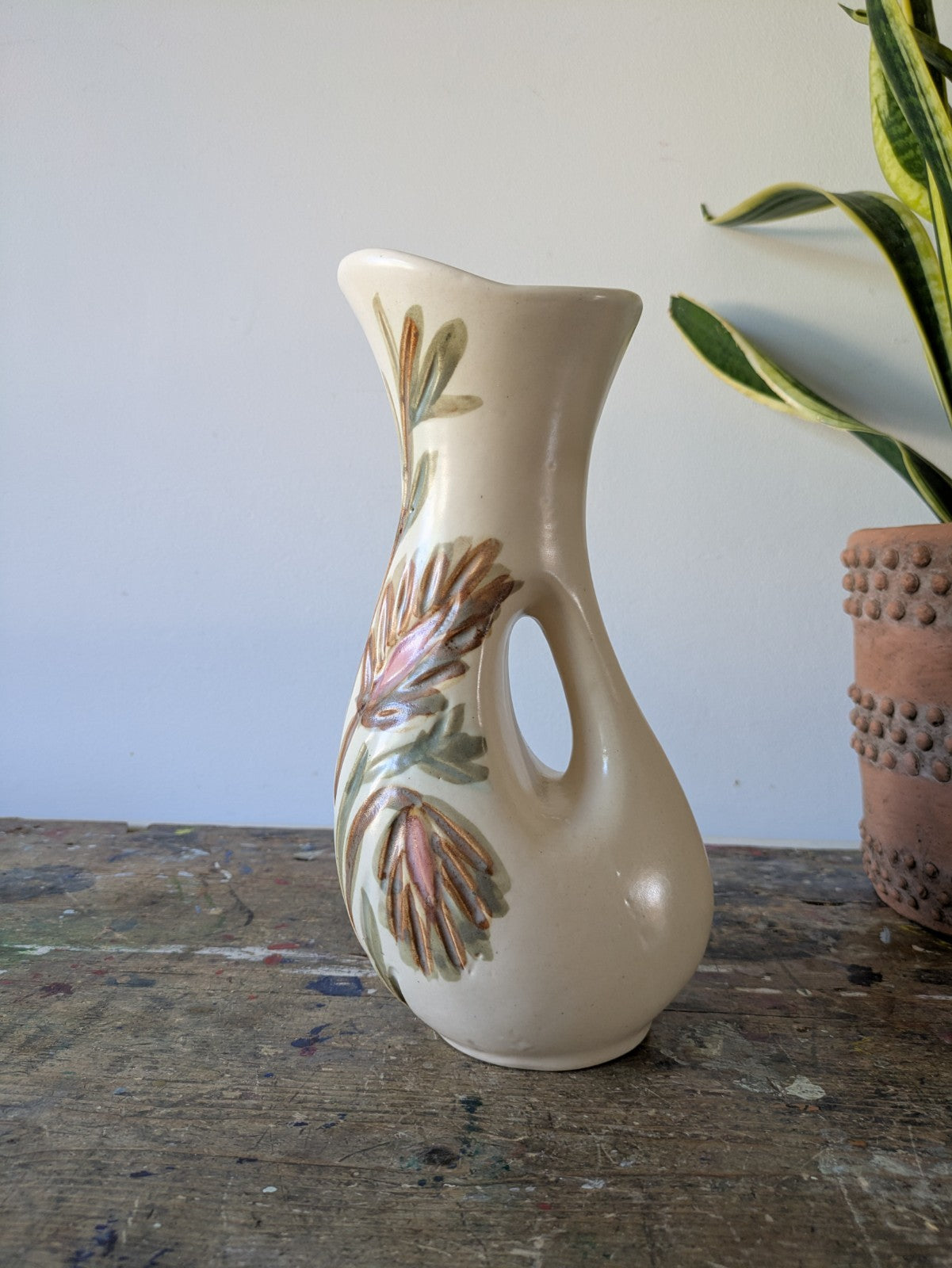 KAD-YAD Israel Studio Pottery Mid Century Flowers Design Handle Vase Jug Vintage