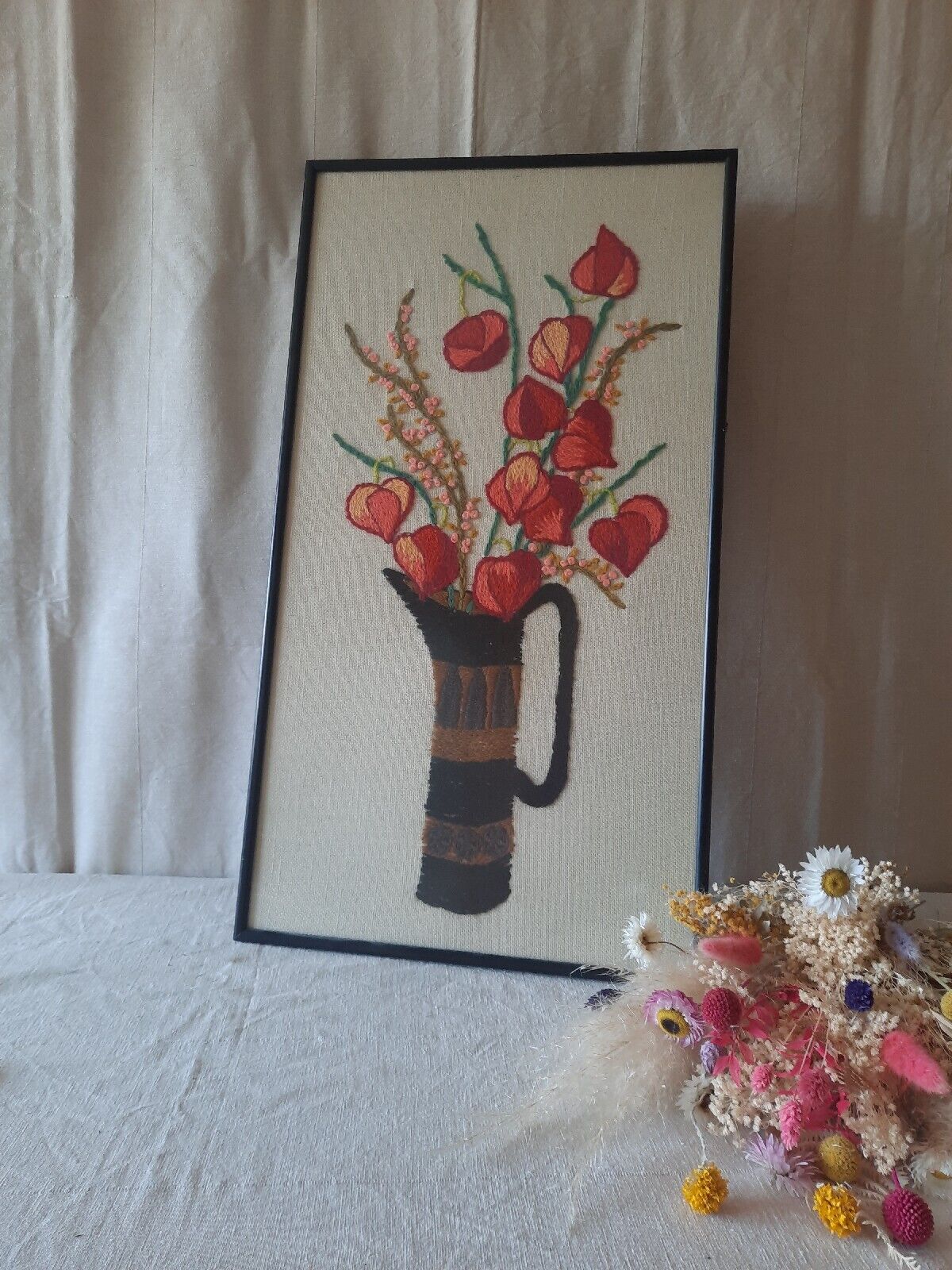Large Retro Mcm Vintage Framed Floral Flowers Embroidery German Vase 70s Appliqu