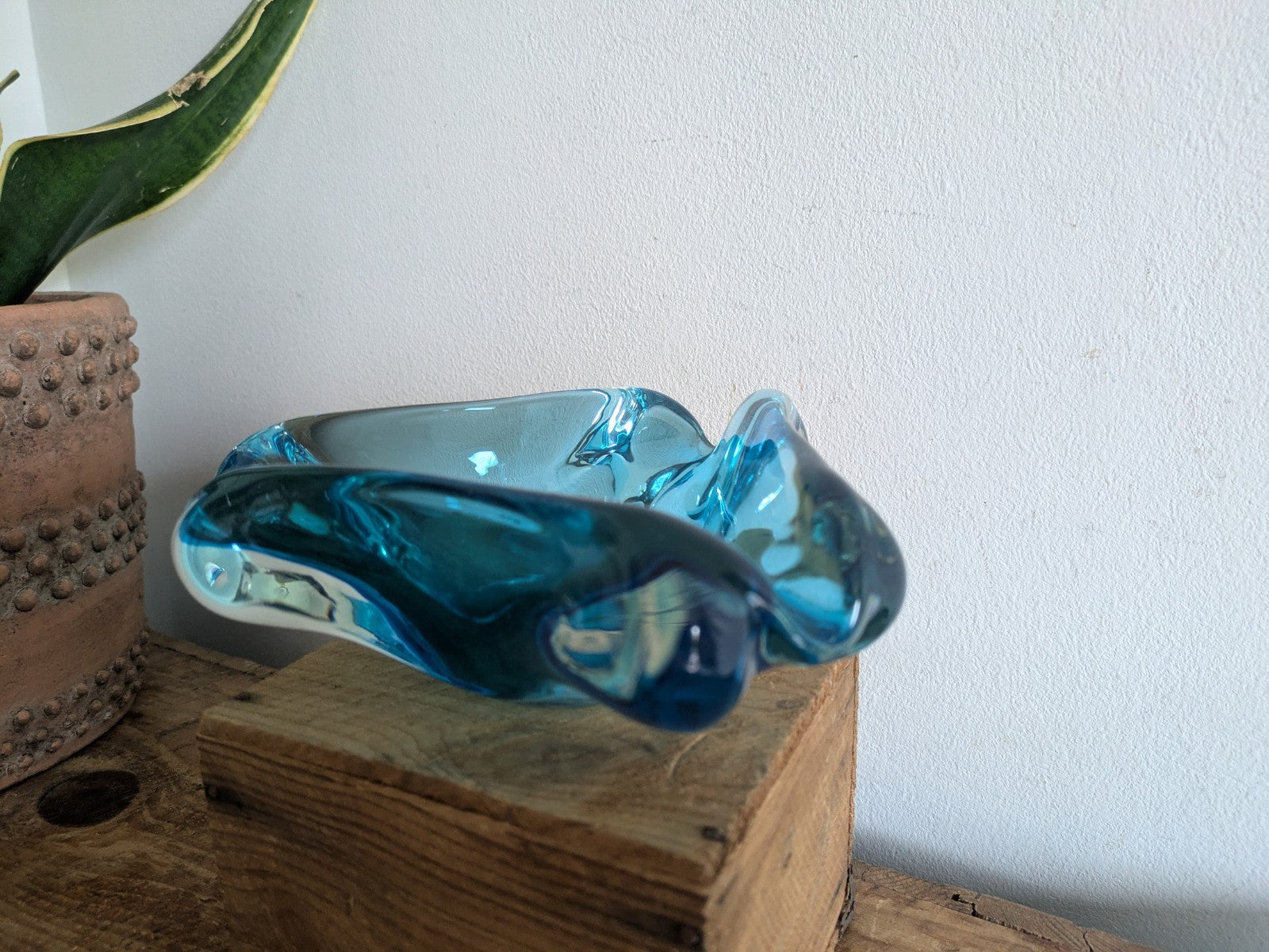 Vintage Murano Turquoise Blue Triangular Art Glass Bowl Ashtray MidCentury Retro