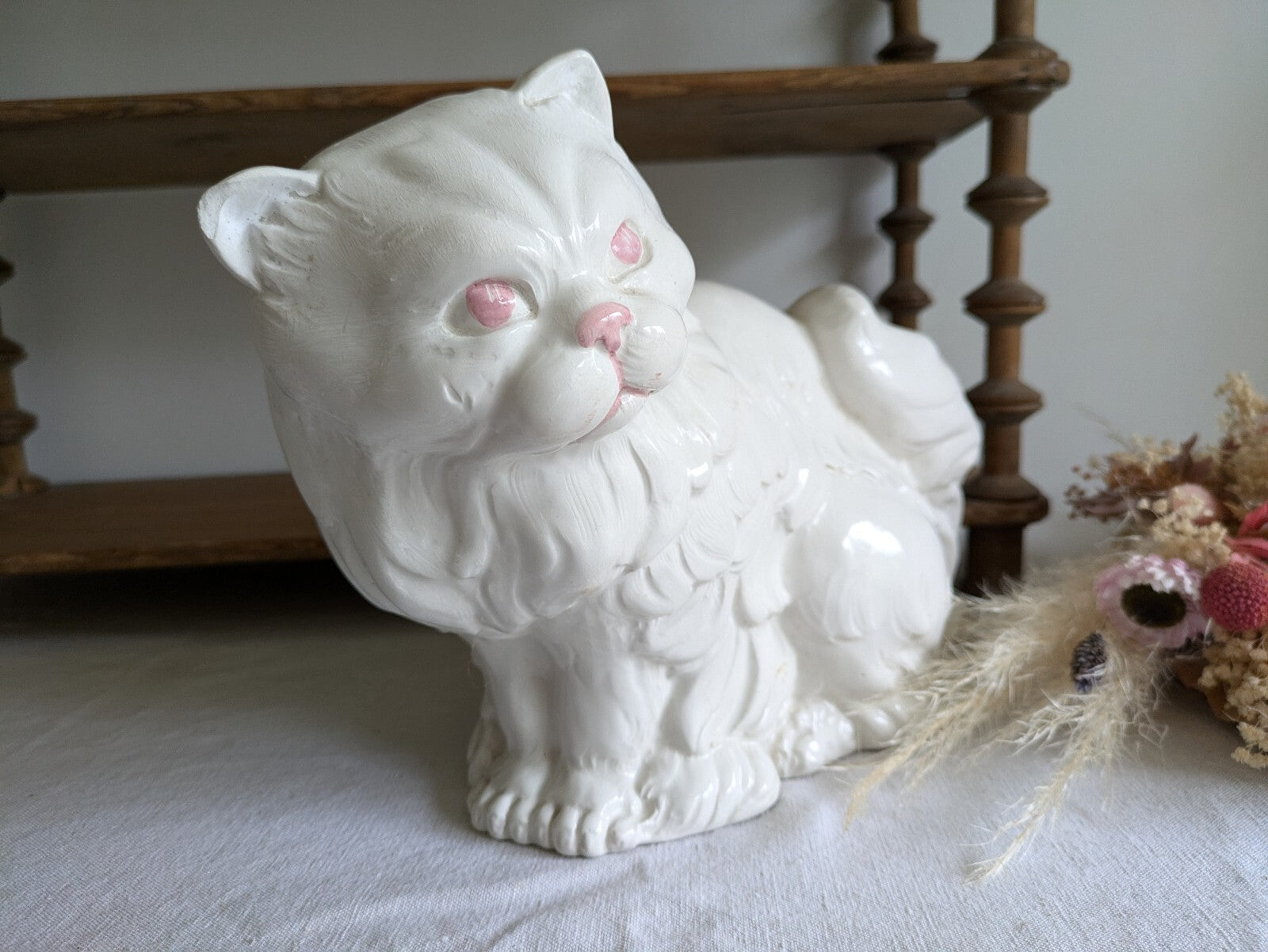XL VTG Italy Ceramic White Persian Cat Statue Figurine Long Haired Ornament 70s