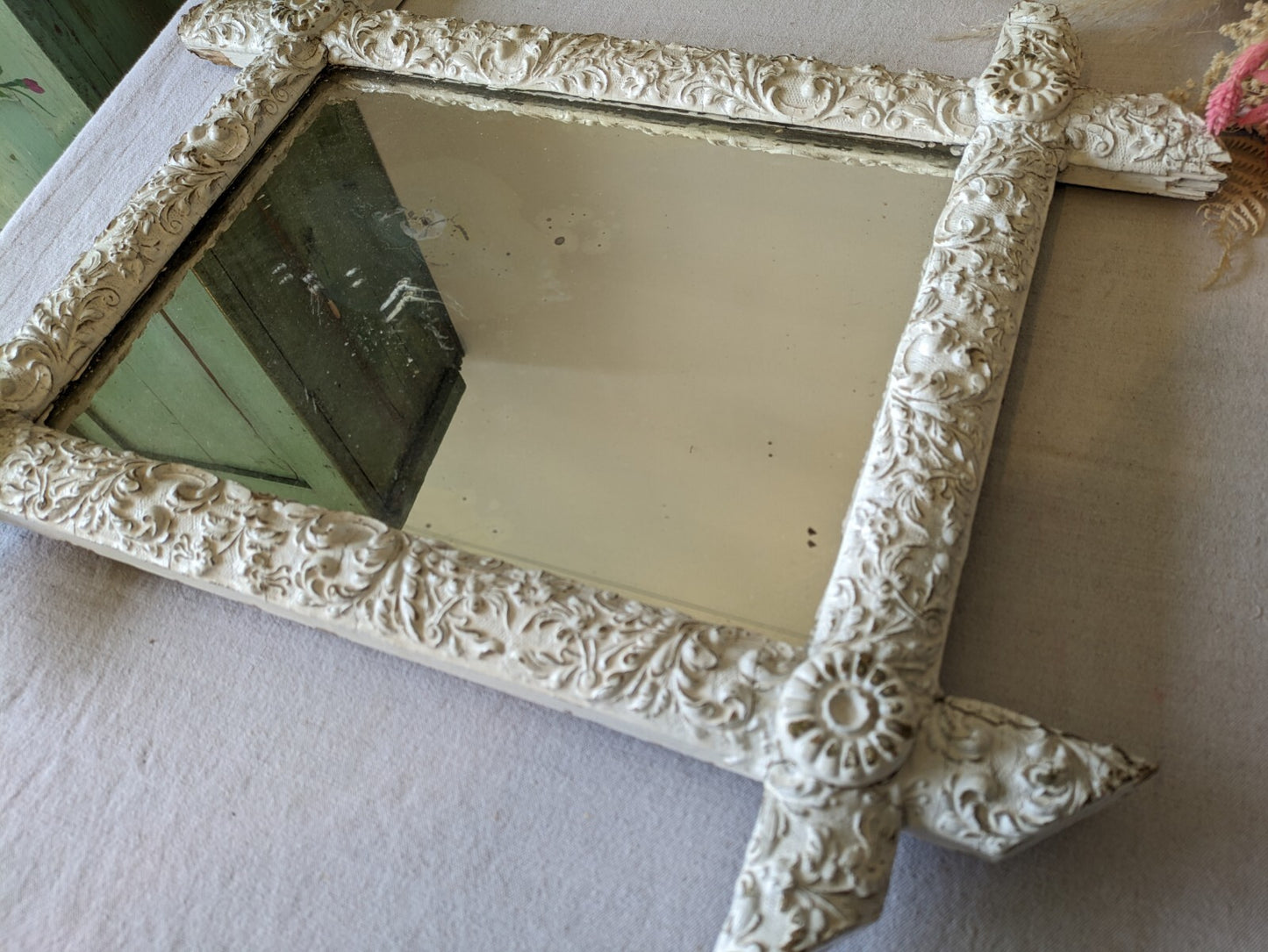 Late 19th century French Detailed distressed mirror Chippy Antique Rare Mercury