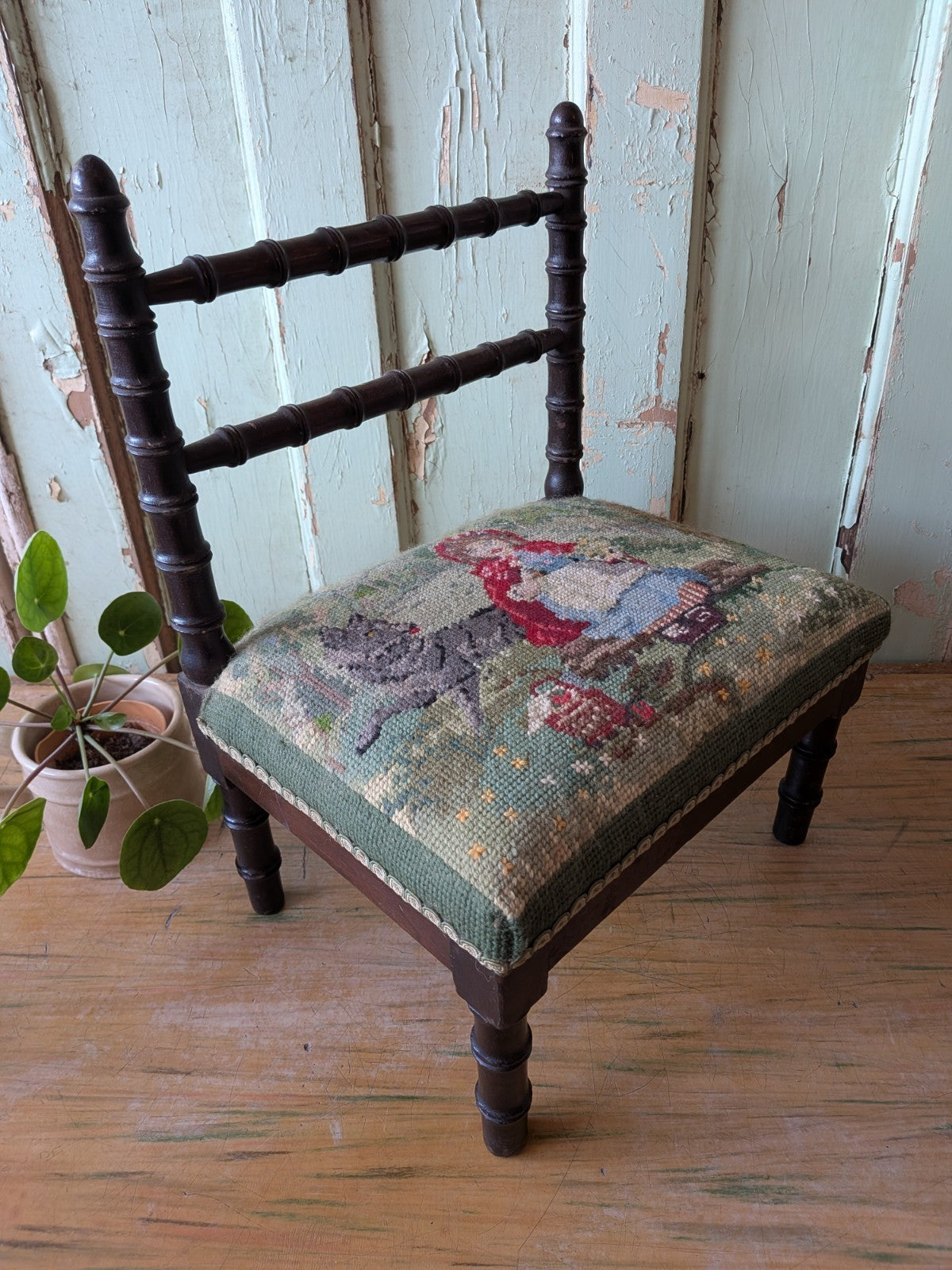 Antique Bobbin Faux Bamboo Childs Chair Apprentice Tapestry Seat Red Riding Hood