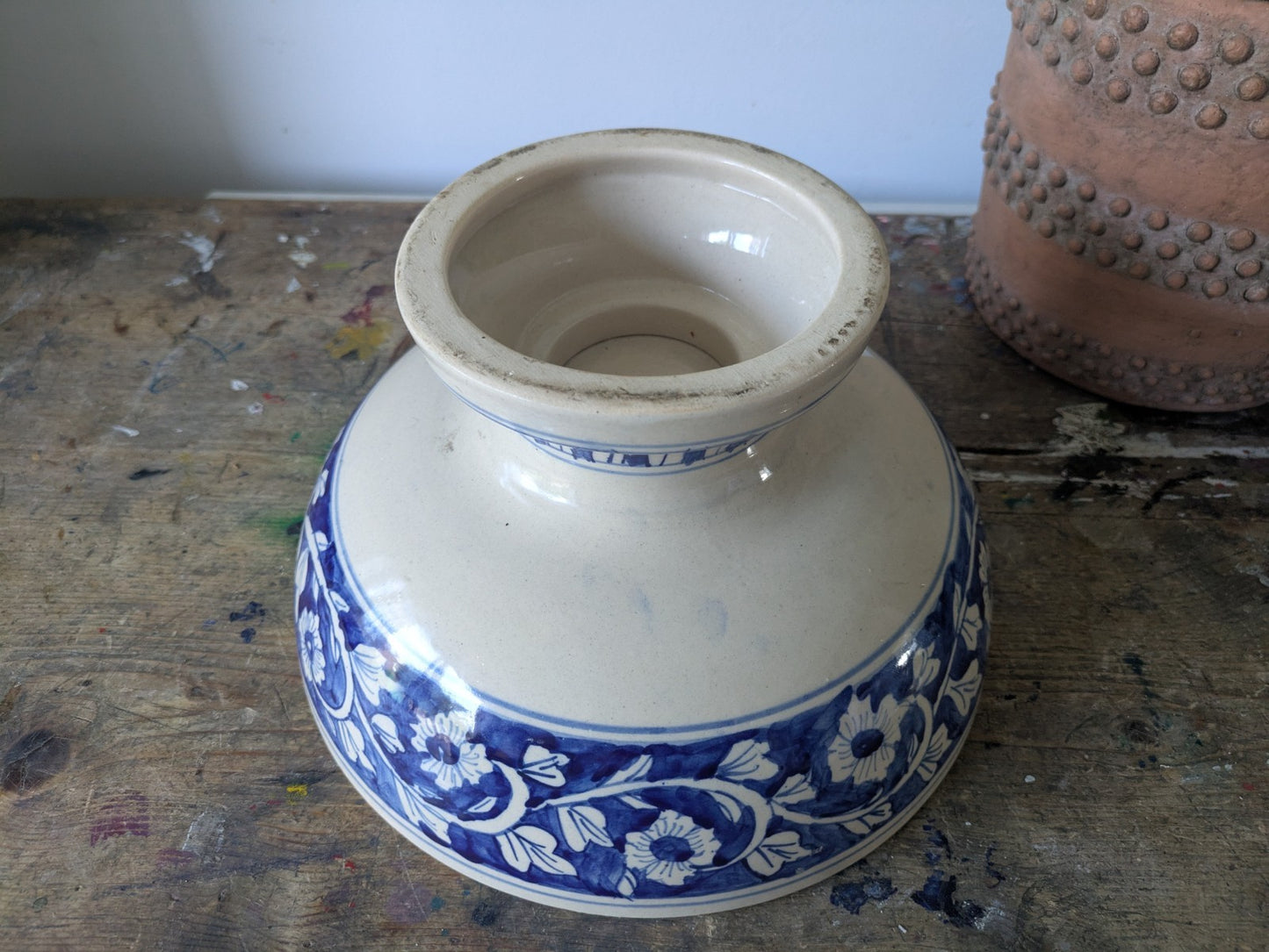 Asian Blue and White Ceramic Fruit Bowl Serving Dish Footed Raised Pedestal Vtg