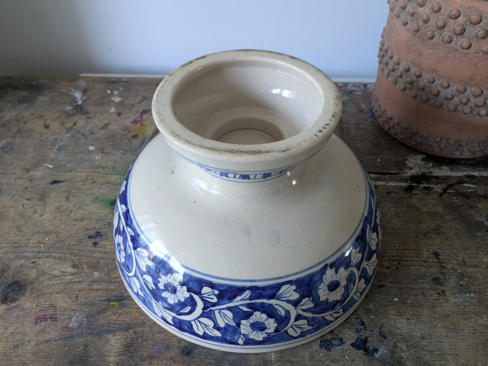 Asian Blue and White Ceramic Fruit Bowl Serving Dish Footed Raised Pedestal Vtg