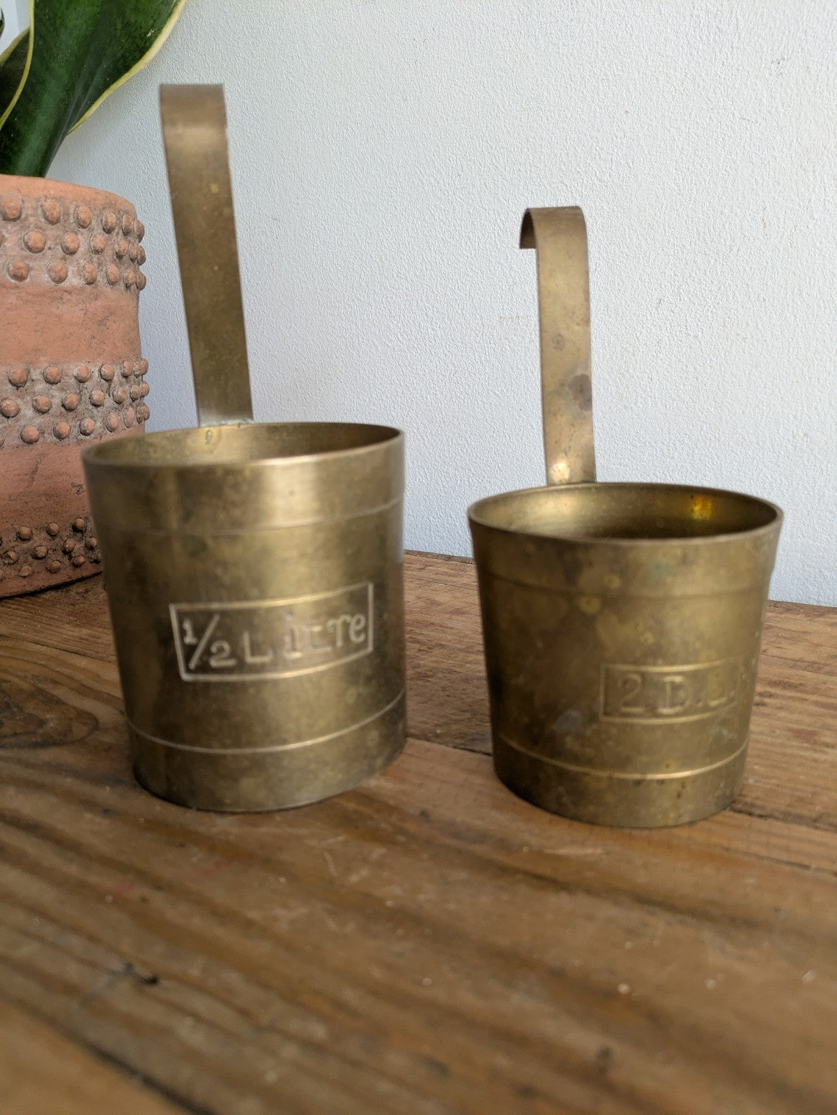 Set 2 Measuring Cups. Brass. Hanging Hooks. Vintage Planters x2 Milk Pots Props