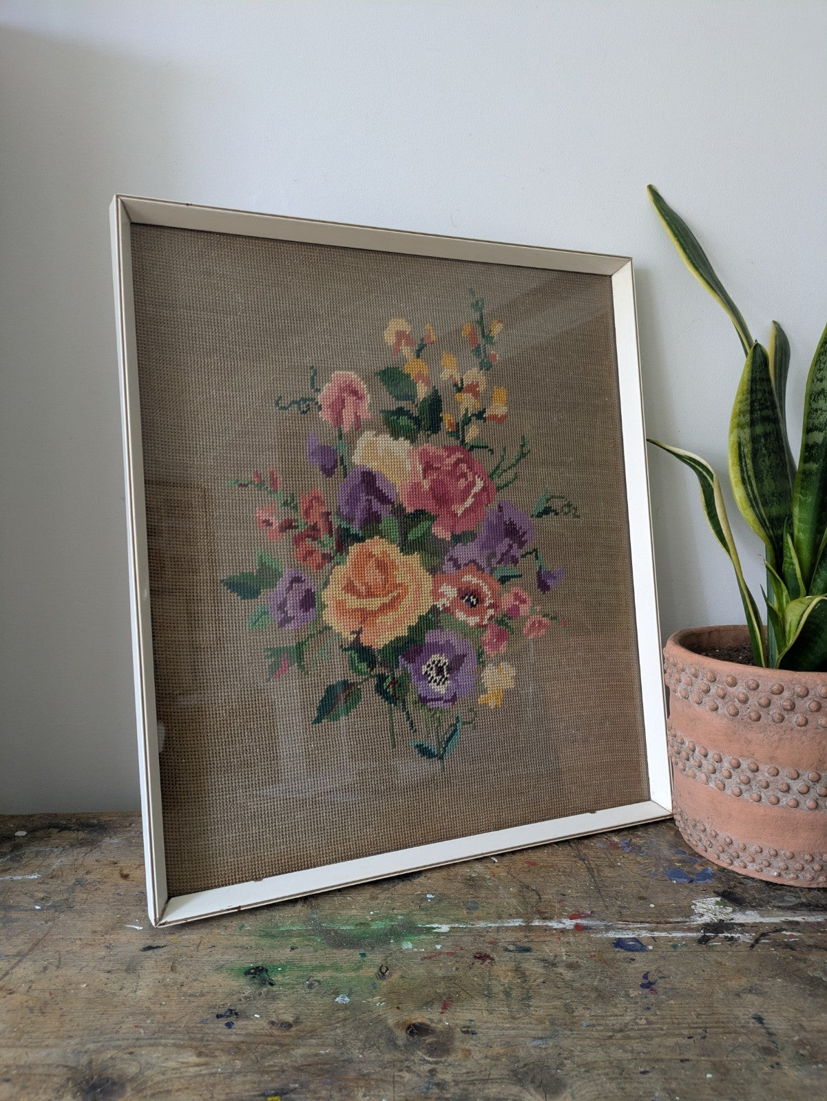 Vintage Handmade Completed Needle Point Tapestry Framed Floral Rose Bouquet Old