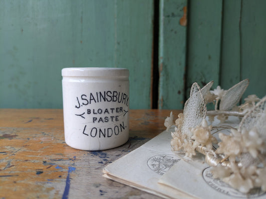 Antique Sainsbury’s Bloater Paste Pot Pantry Jar c 1880s VTG Ironstone London 