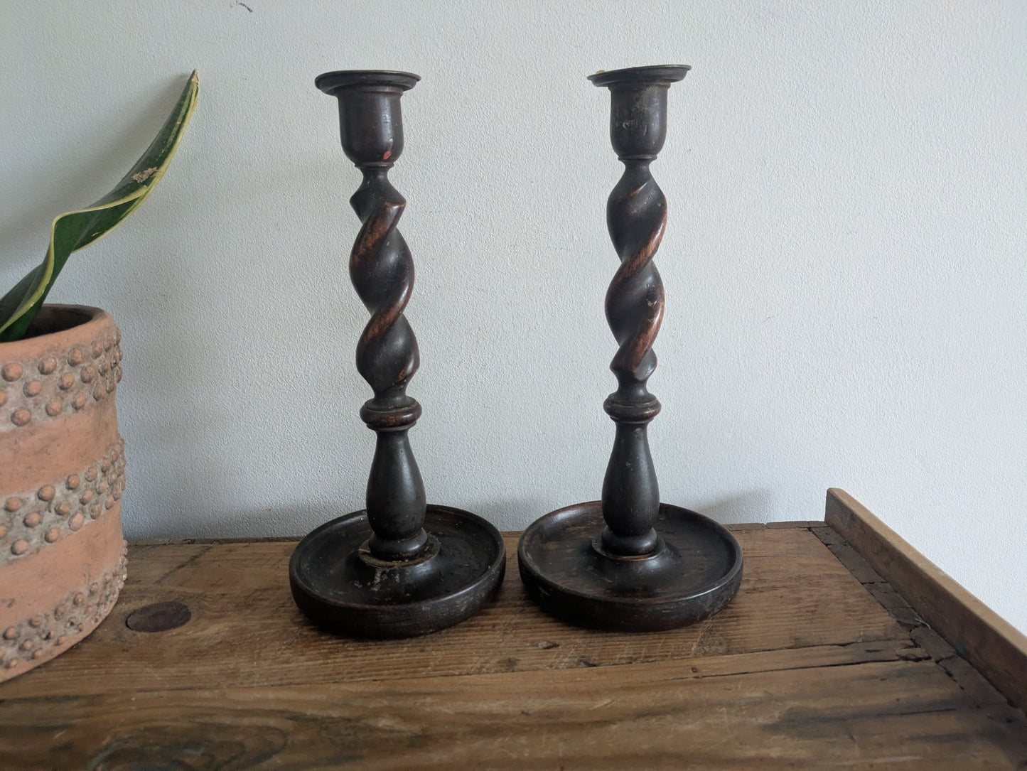 Antique English Oak Barley Twist Pair Candlesticks Candle Holders  31cm Tall Vtg