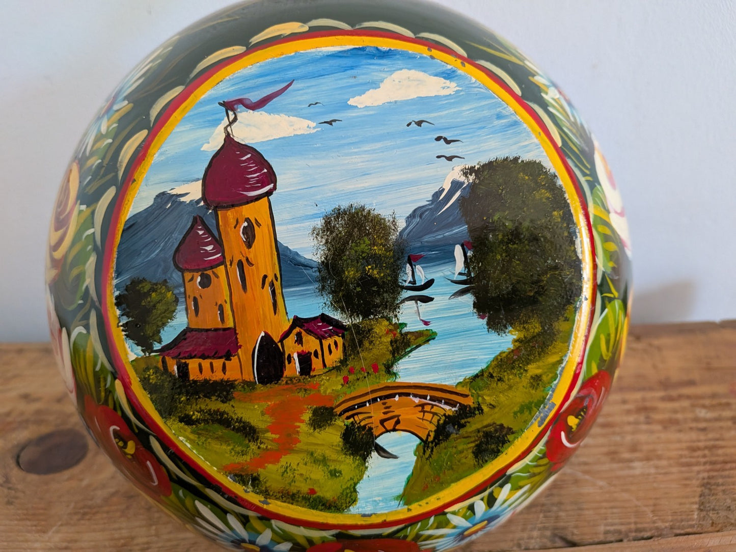 Vintage Floral Handpainted Bargeware Frying Pan Canal Boat Accessory Folk Art 