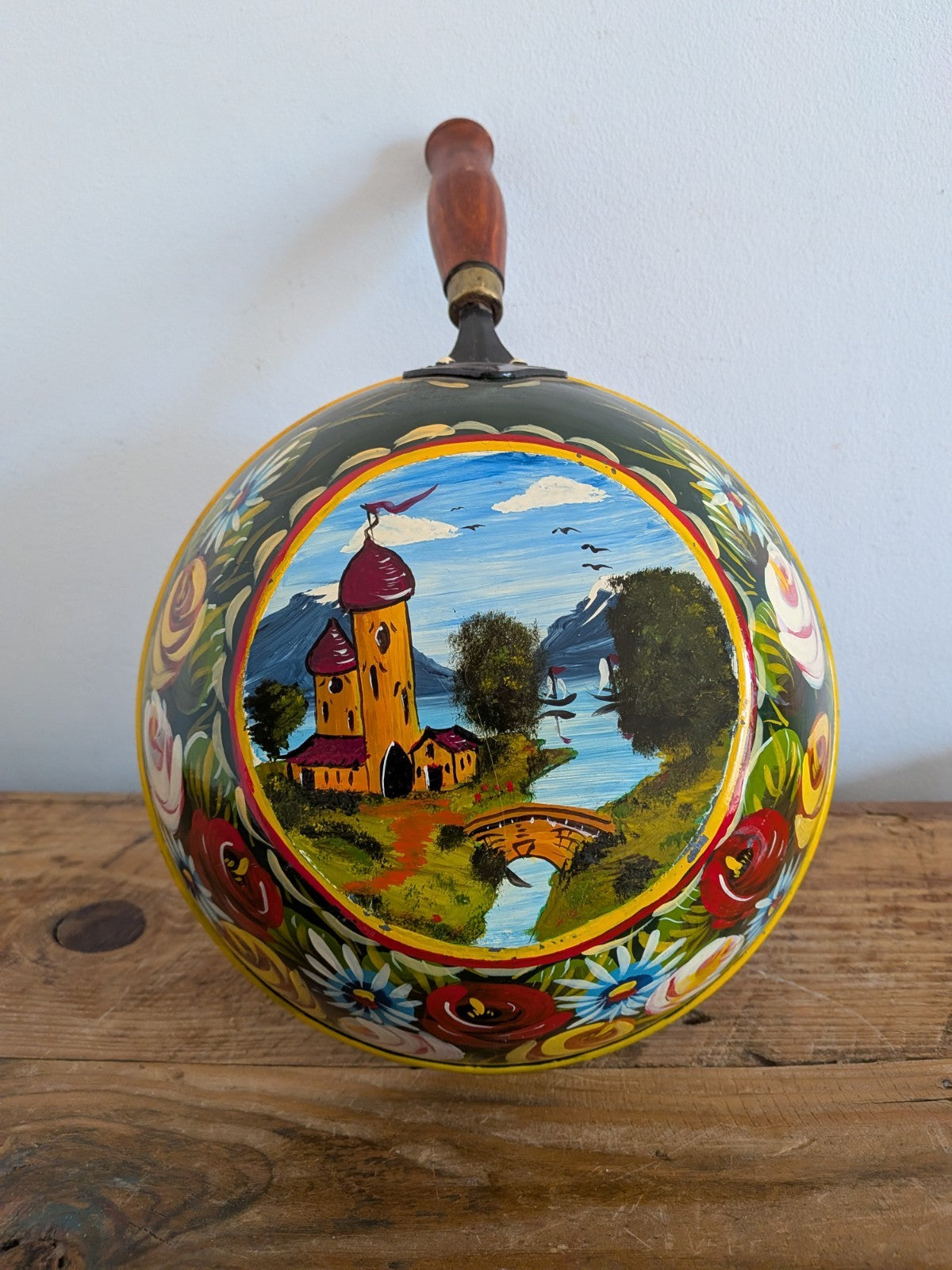 Vintage Floral Handpainted Bargeware Frying Pan Canal Boat Accessory Folk Art 