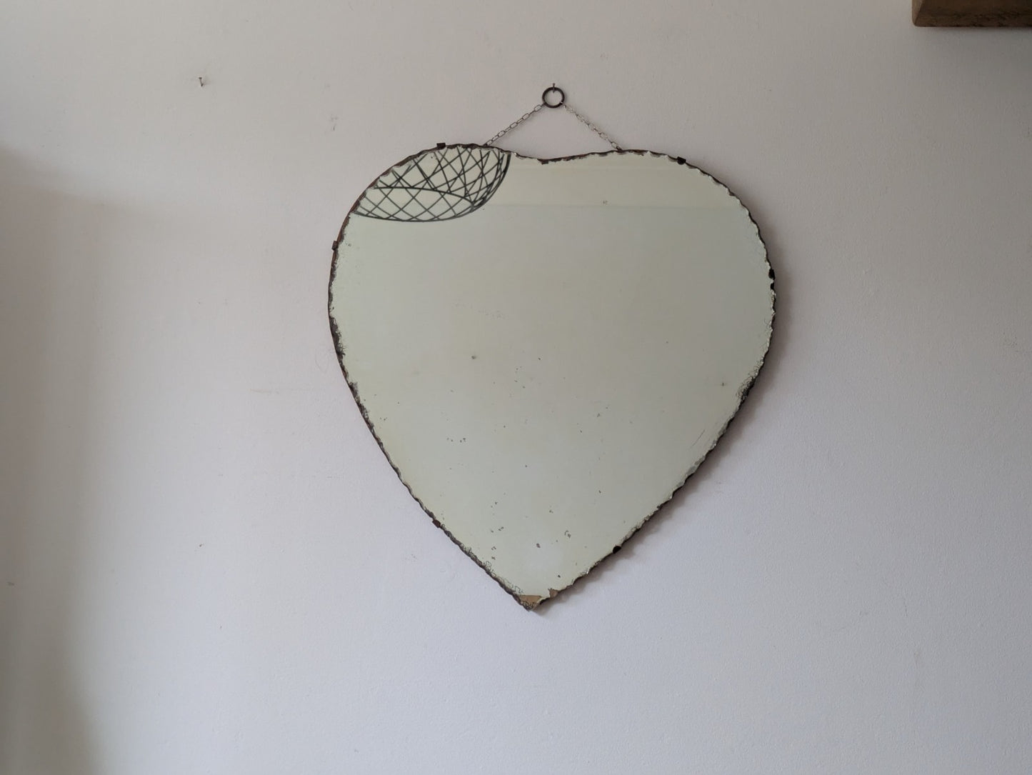 Large Antique Vintage Art Deco 1930s Heart Shaped Scalloped Mirror With Chain