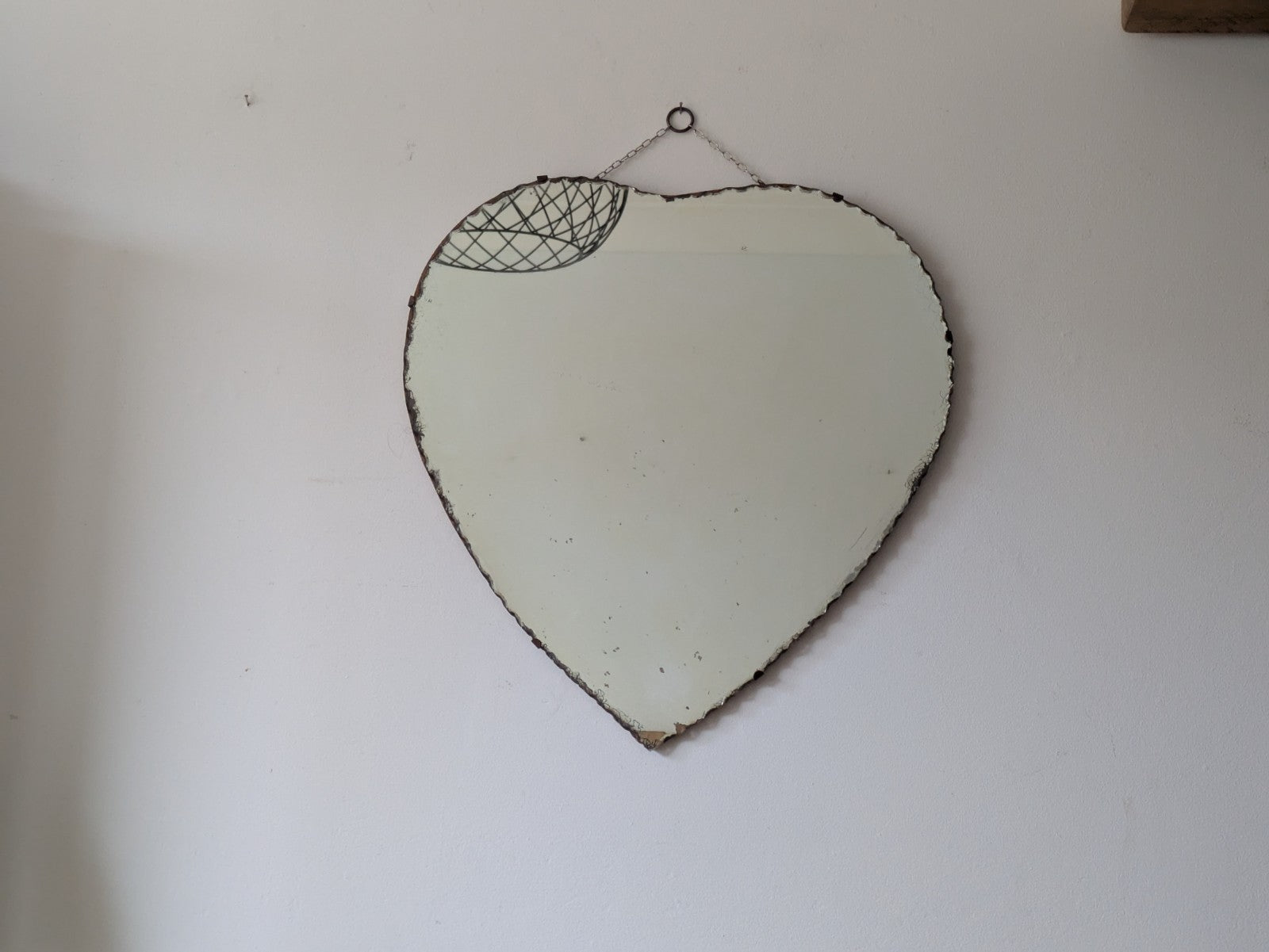 Large Antique Vintage Art Deco 1930s Heart Shaped Scalloped Mirror With Chain