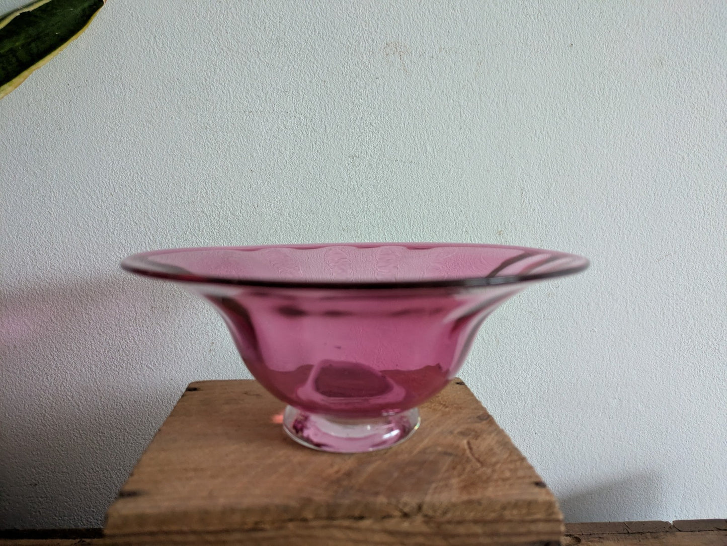 Victorian Cranberry Hand Blown Glass Bowl with Crystal Pedestal Dish Vintage Vgc