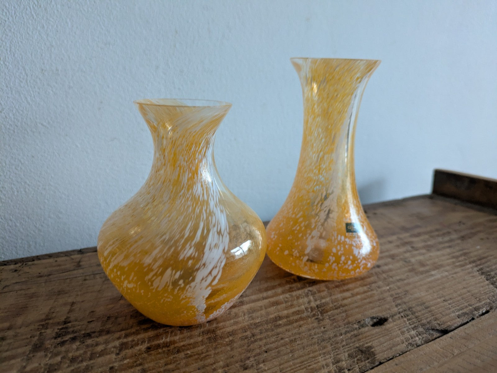 2x Handcrafted Yellow Orange Swirl Glass Vase Caithness Scotland Confetti Swirl