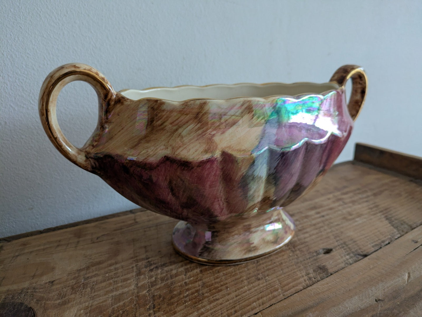 Large Lustre Ceramic Vase Old Court Ware Mantle Handled Brush Stroke Pattern Vtg