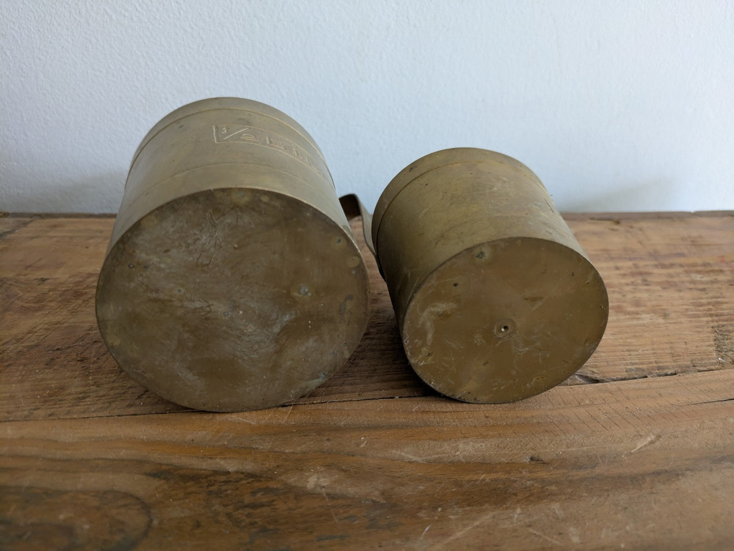 Set 2 Measuring Cups. Brass. Hanging Hooks. Vintage Planters x2 Milk Pots Props