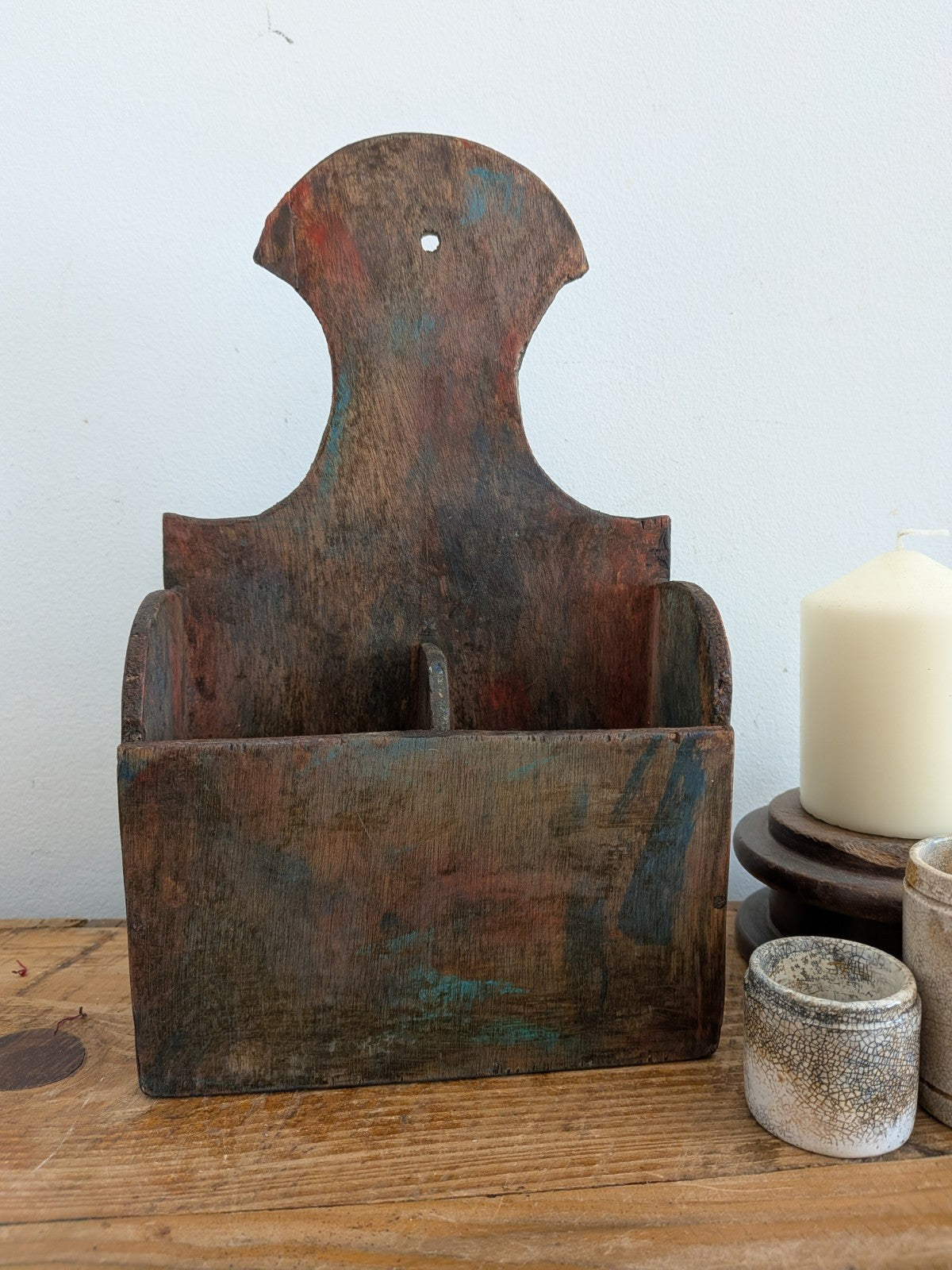 Rustic Wooden Country House Candle Box Wall Sconce Paint Brush Holder VTG Style 