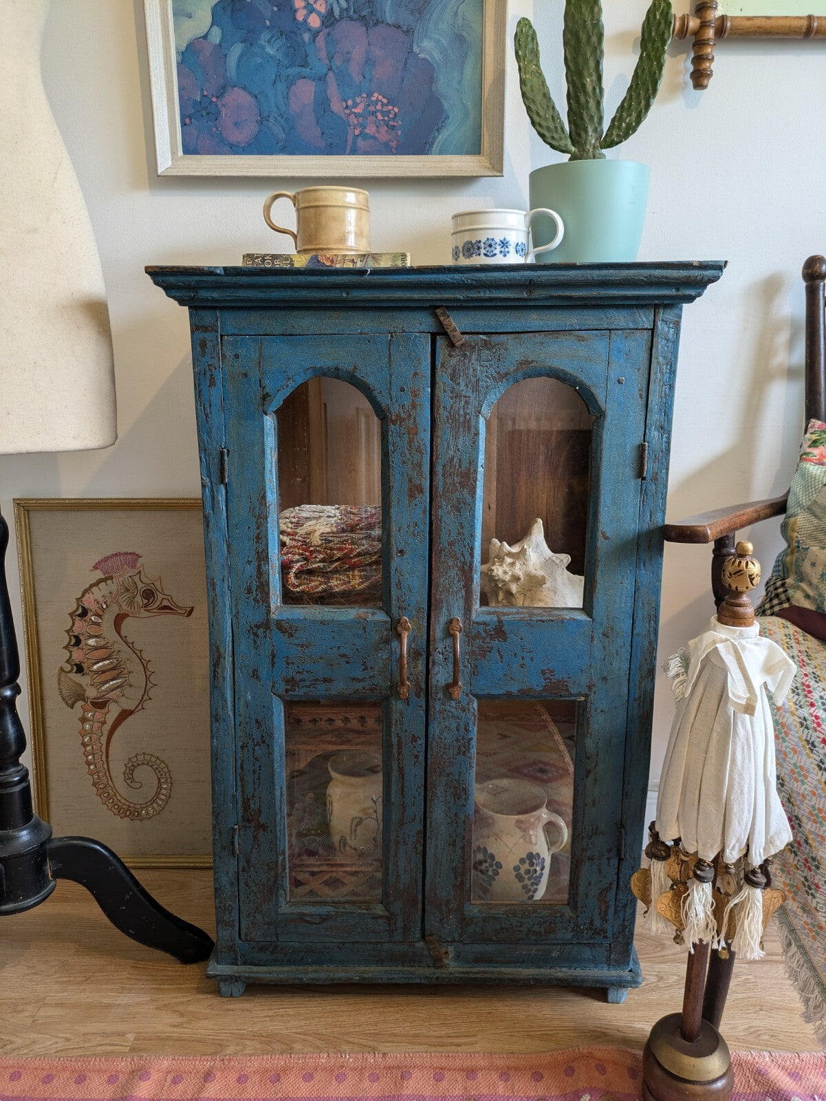 Restored Antique Vintage Indian Cabinet Cupboard Paint Glazed Reclaim Blue Arch
