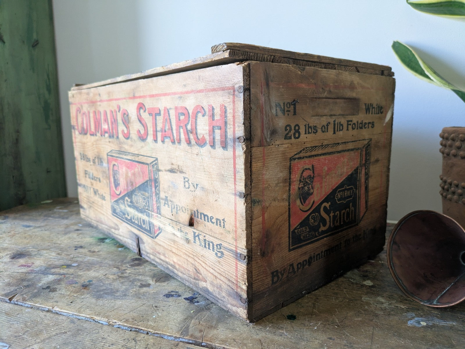 Antique Colmans Starch Printed Wooden Crate Original Large Vintage Advertising 