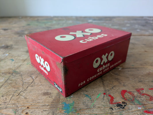 Vintage 1950s OXO Tin Box Metal Storage Advertising Red Kitchen Prop 24 Cube 