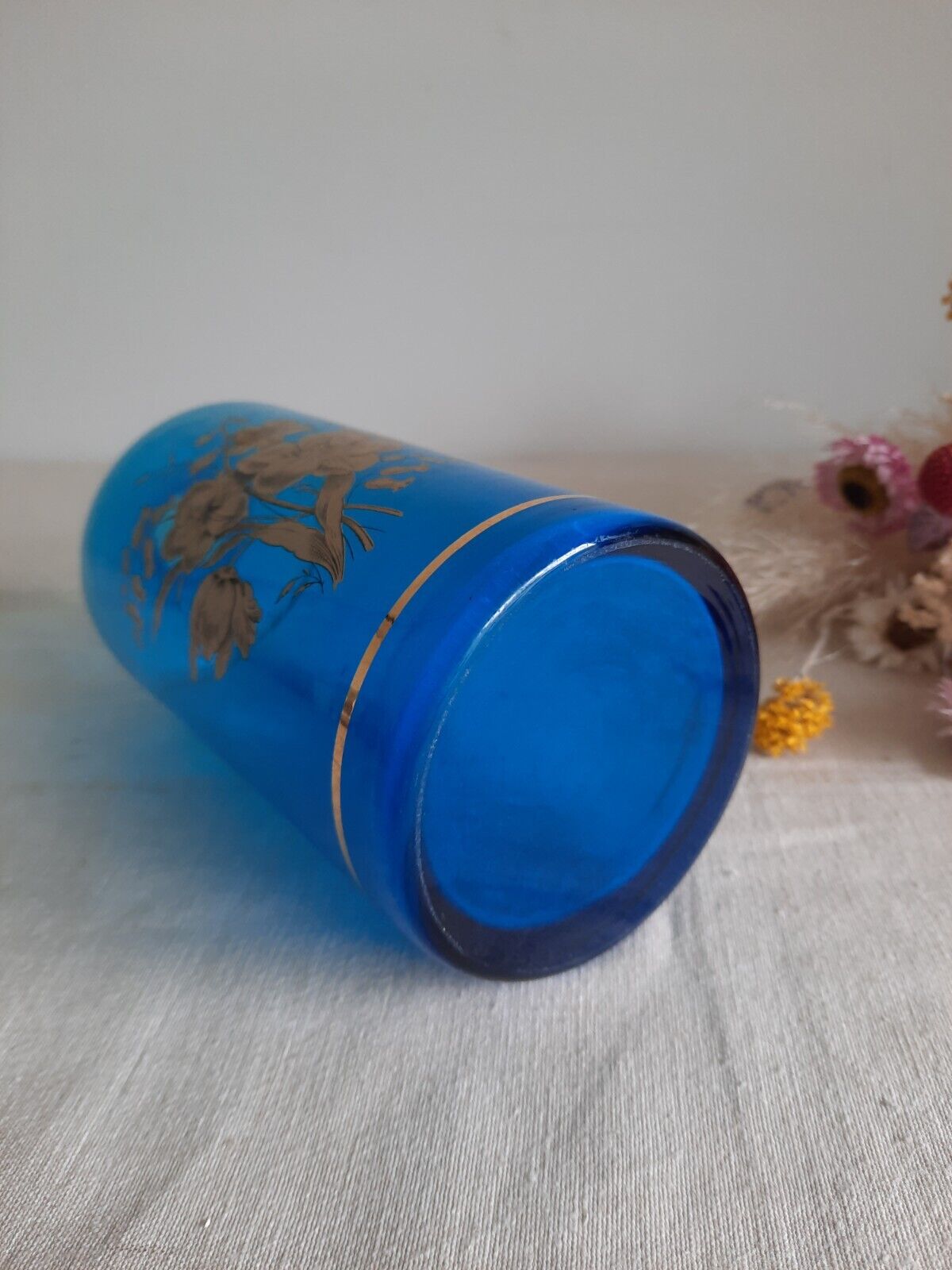 Retro Cobalt Blue Glass Decanter with Floral Gilt Decor Bottle Vase Prop Vtg Old