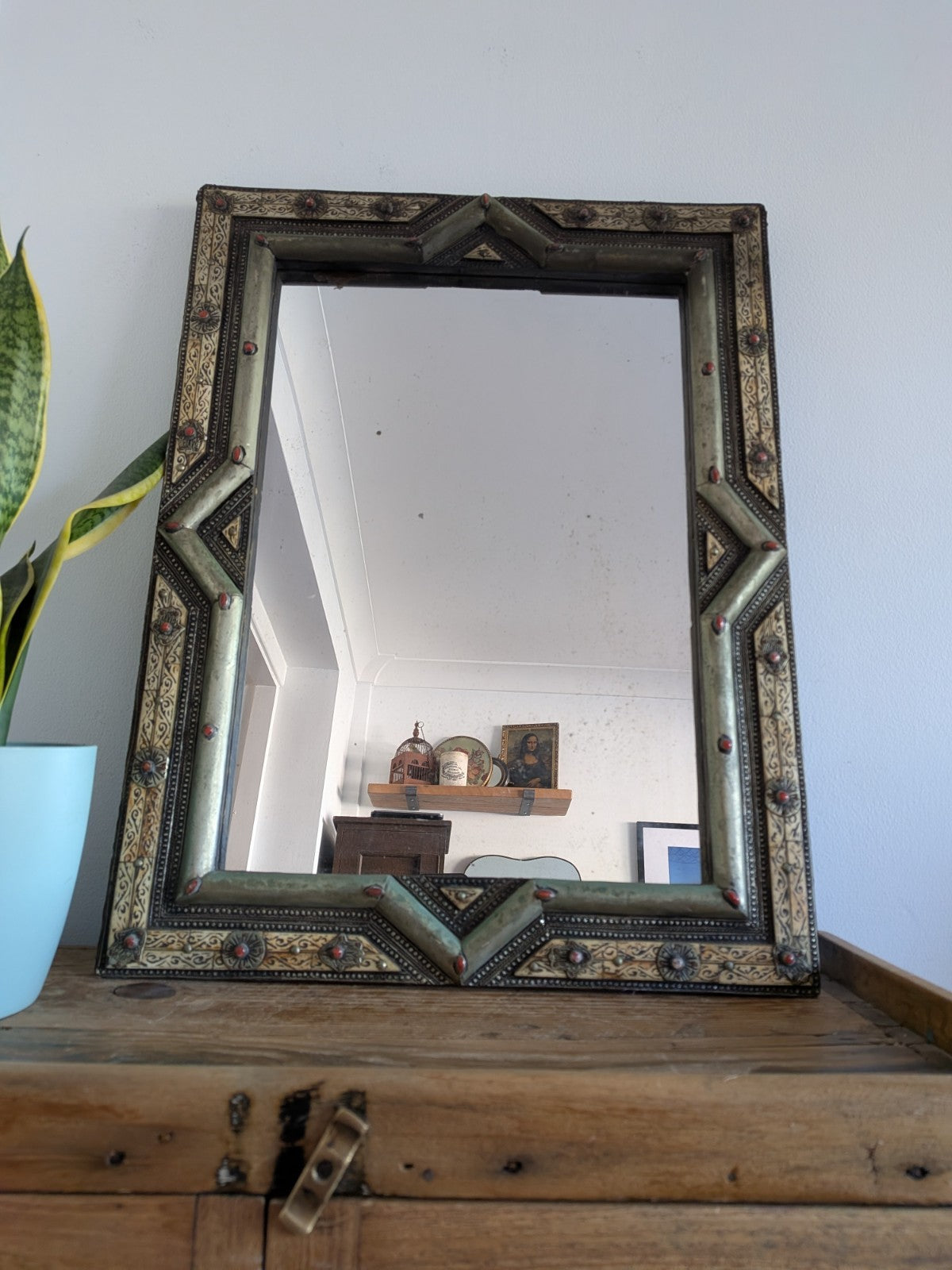 Vintage Ancient Handmade Moroccan Wall Mirror Brass Bone Camel Inlaid Mosaic XL 