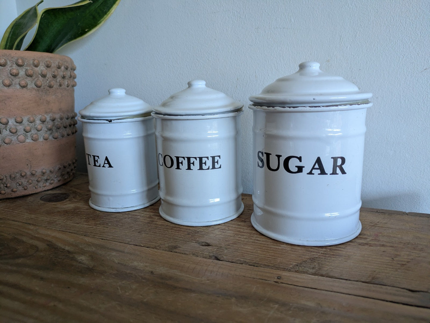 Vintage White Enamel Canisters Set Metal Tins Jars Antique Vgc Shabby Chic Clean