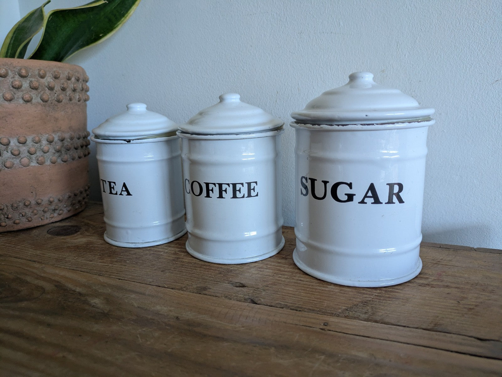 Vintage White Enamel Canisters Set Metal Tins Jars Antique Vgc Shabby Chic Clean