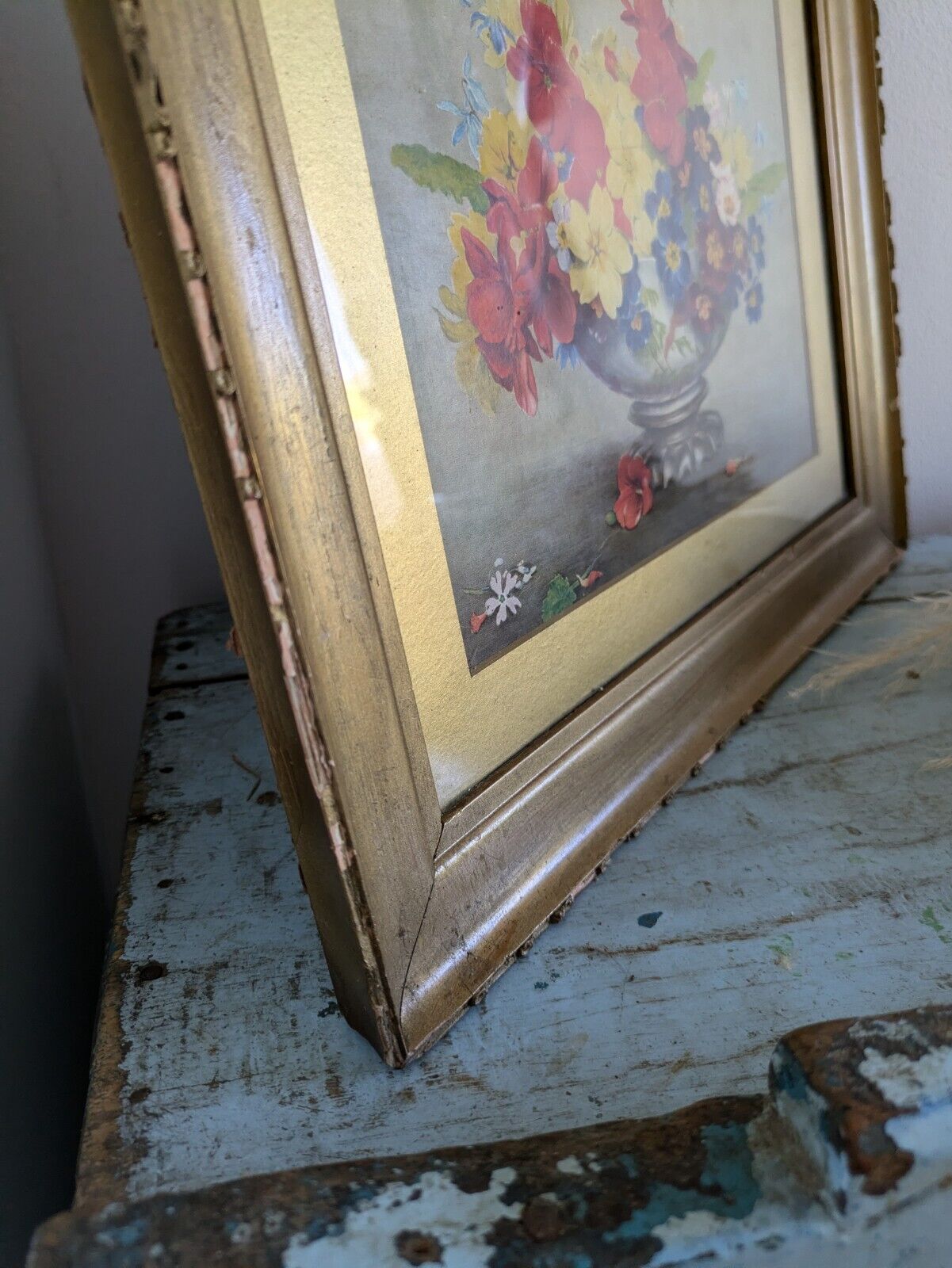 Vintage 30s Antique Gilt Frame floral bouquet PRINT original Landscape Pansies