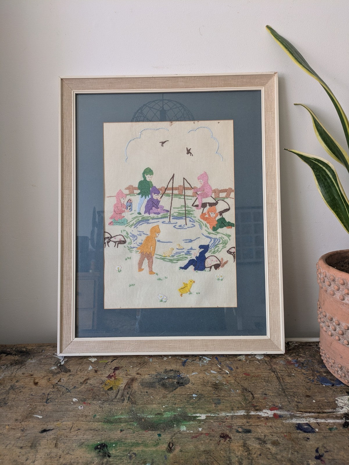 Vintage Hand Embroidery Oak Framed Picture Pixie Fishing Nursery Kitsch Retro!!