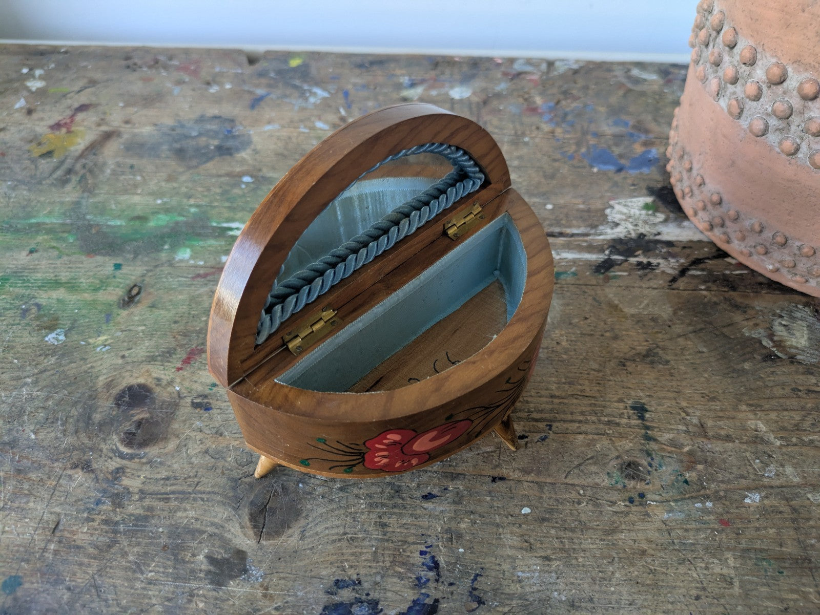 Trinket Jewelry Box Mallorca Ibiza Wood Dancers Lined Mirror Vtg Demilune Prop