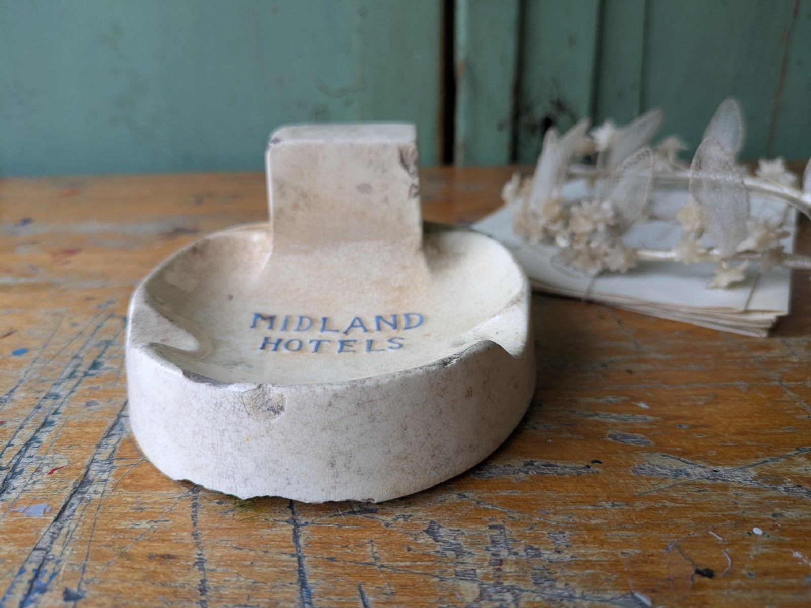 Antique Midland Hotels Ironstone Match Striker Ashtray Crazed Advertising Rare 