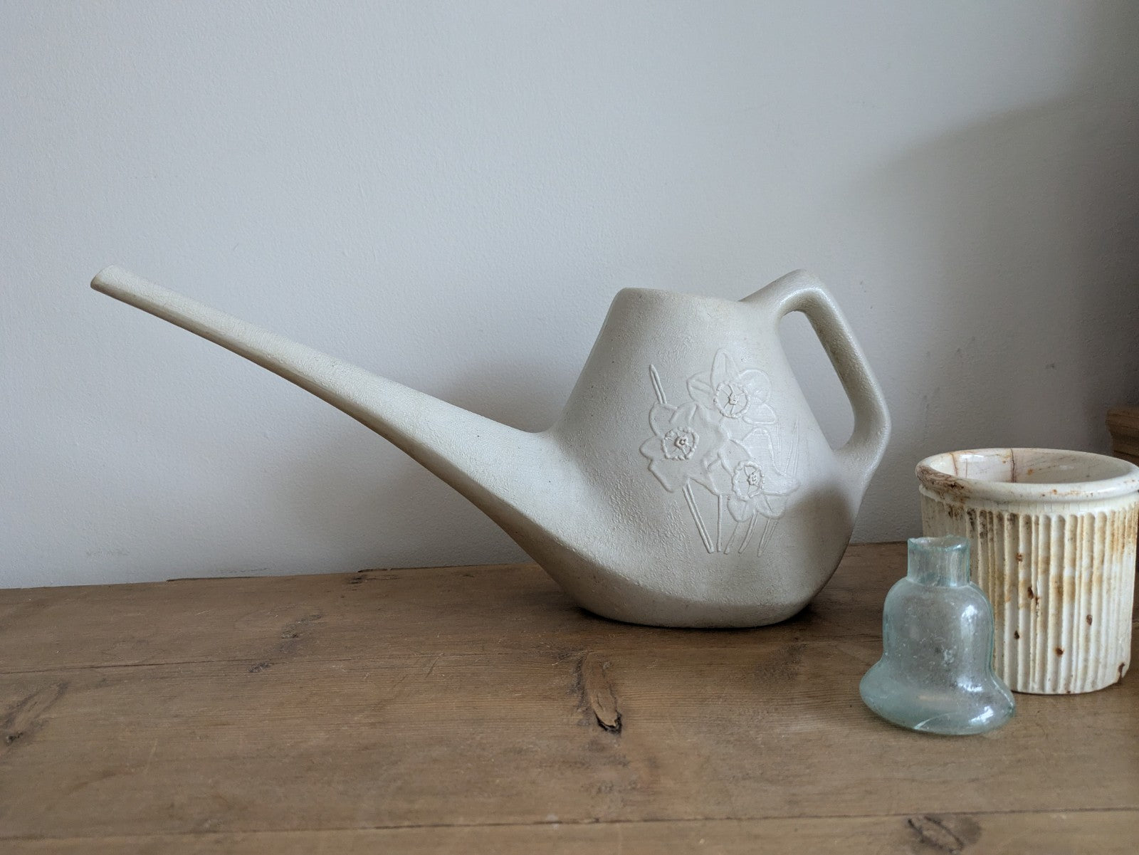 Vintage White Plastic Watering Can MCM Daffodils Spring House Plants Retro Prop