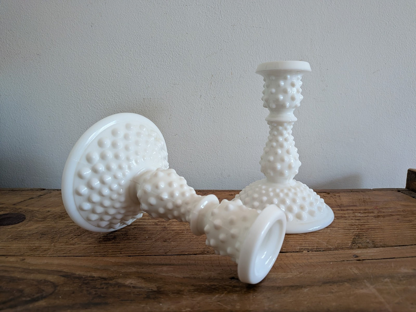 Vintage Fenton White Hobnail Milk Glass Pair Candlestick Holders 14.5cm H Vgc 