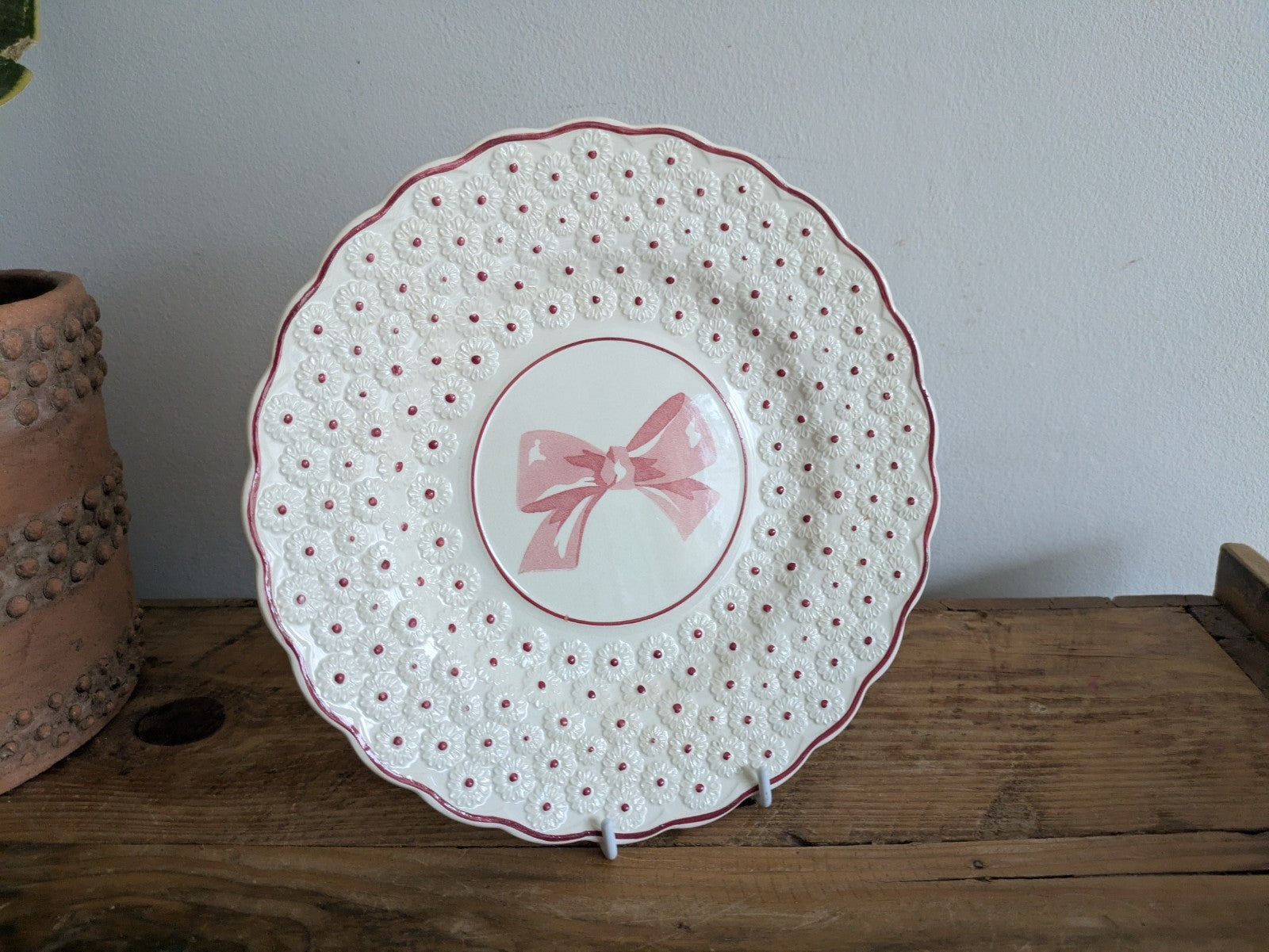 Vintage Copeland Spode Porcelain Pink Polka Dot Floral Dinner Plate Ribbon Bow 